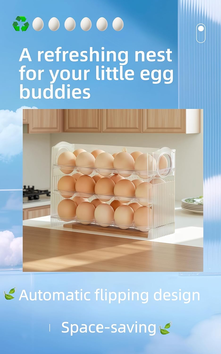 Auto-Flip egg storage for refrigerator，side fridge storage rack egg tray for refrigerator，Eggs Holder Countertop with Timers, Space-Saving Eggs Dispenser for Refrigerator, 30 Eggs Container for