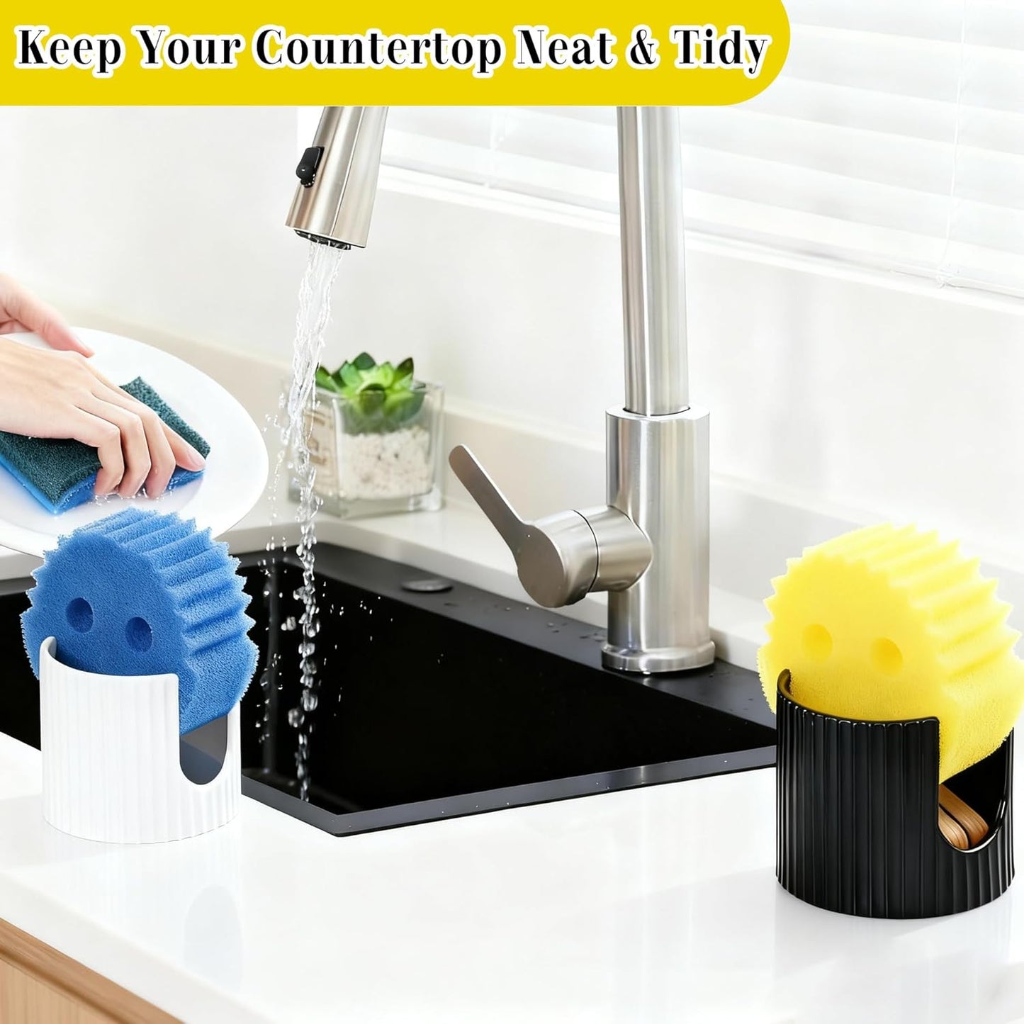 Ceramic Sponge Holder for Kitchen Sink - White Dish Sponge Caddy, Scouring Pads Drying Rack for Countertop