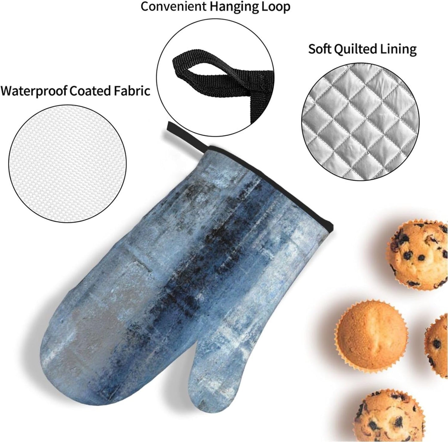 Blue and Grey Abstract Art Oven Mitts and Pot Holders Sets of 4 High Heat Resistant Oven Mitts with Oven Gloves and Hot Pads Polyester Potholders for Kitchen Baking Grilling BBQ Cooking Mitts
