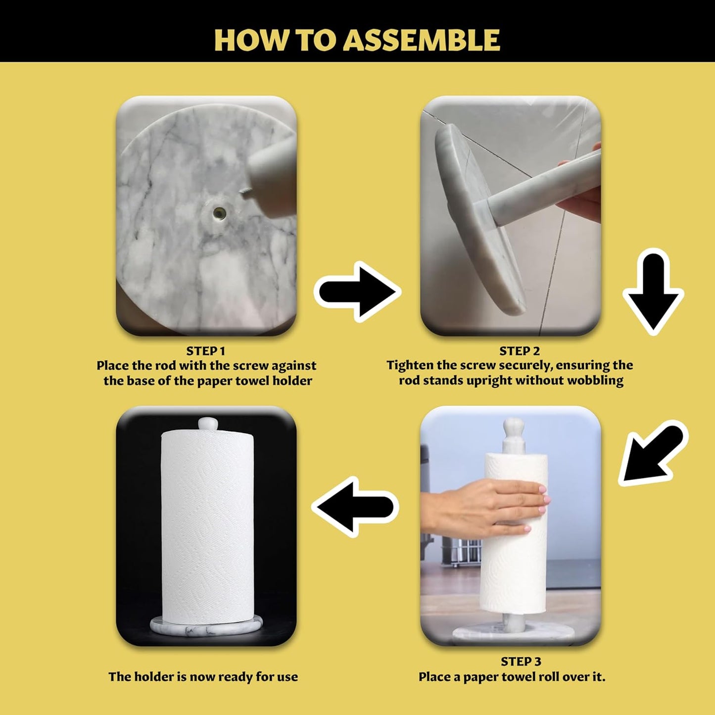 Homeries Marble Paper Towel Holder – Deluxe Upright Towel Dispenser for Kitchen Countertop, Cabinet & Bathrooms – Non Steel & Non Plastic Design – Heavy Duty, Solid Paper Towel Holder Stand (White)