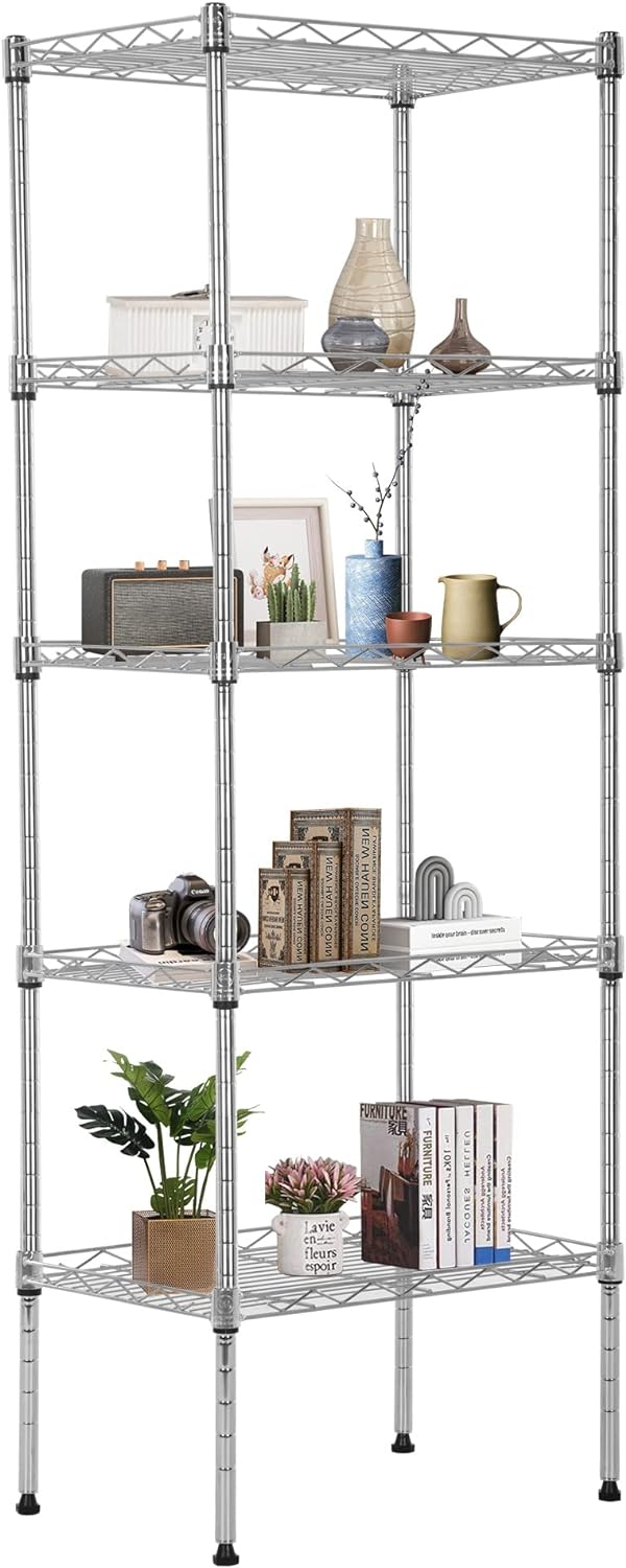 FDW 5 Tier Wire Shelving Adjustable Metal Shelves 17L x 12W x 48H NSF Pantry Shelves Storage Rack Shelving Units for Kitchen Garage Small Places Commercial,Chrome