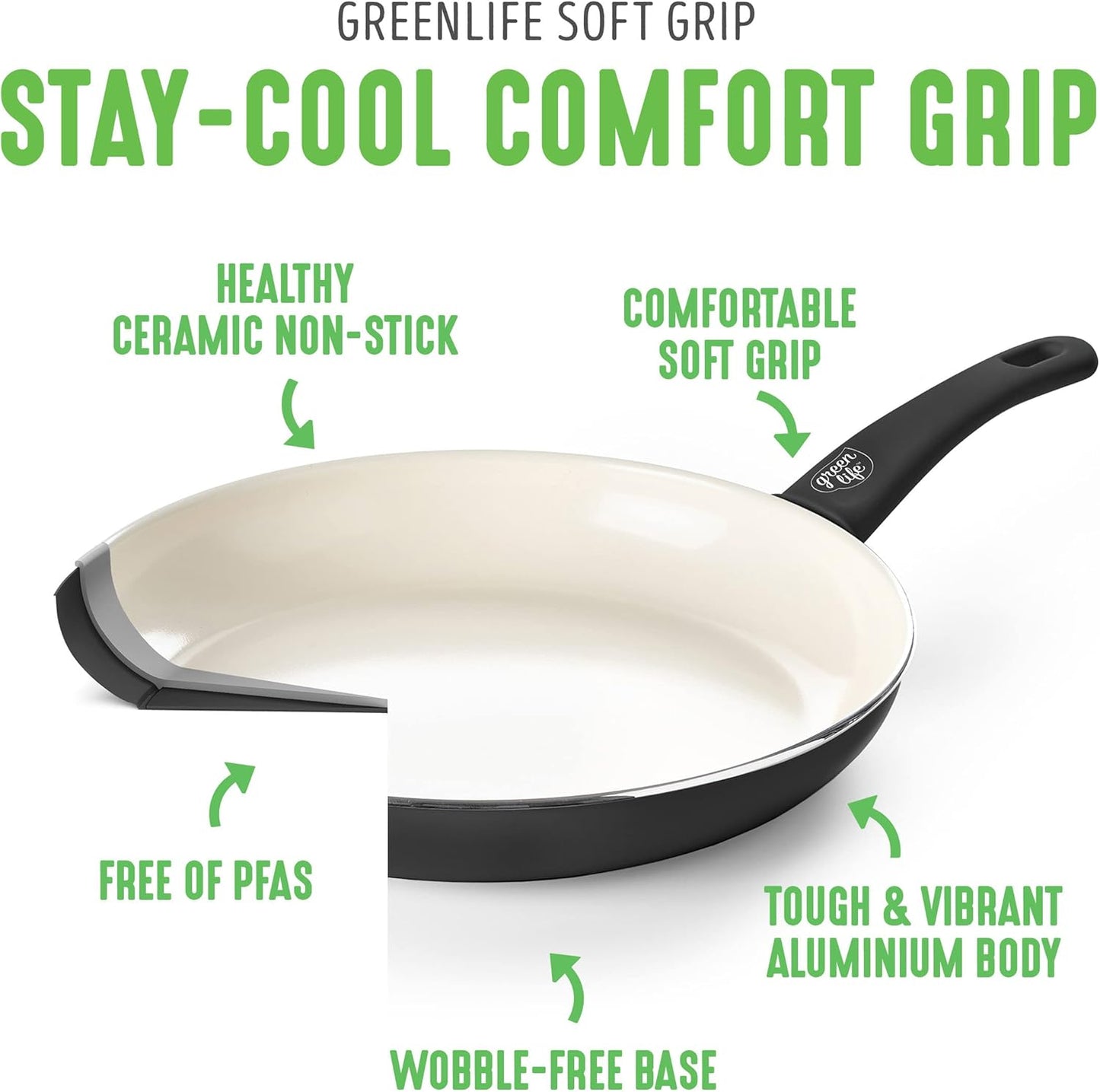 GreenLife 16 Piece Nonstick Cookware Set, Soft Grip Non-Toxic PFAS-Free Ceramic Pots & Pans, Dishwasher & Oven Safe, Frying, Sauce, Utensils, Glass Lids, Stay-Cool Handles, Wobble Free, Black & Cream
