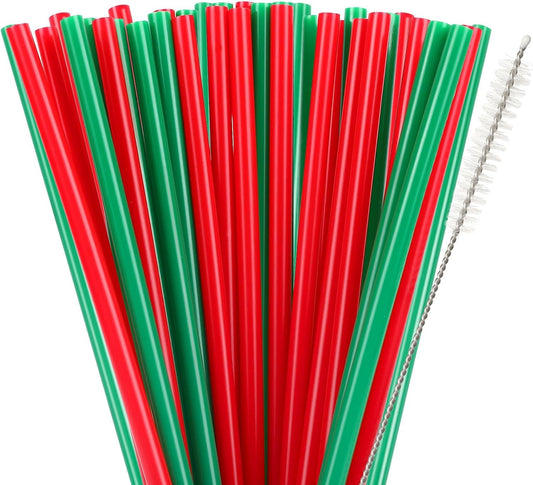 JANYUN 30 Pcs Christmas Straws Plastic, Reusable Red and Green Straws 9 Inch Xmas Hard Plastic Drinking Straws with Cleaning Brush for Holiday Christmas Party Favors Supplies Table Decoration