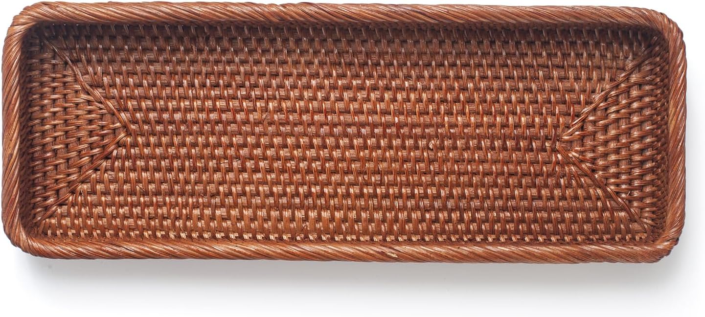Rattan Bathroom Vanity Trays Toilet Tank Baskets Long Narrow Hand Towel Storage Basket for Storage, Decorative (Honey Brown 16.3 x 6.1 x 2 inch)