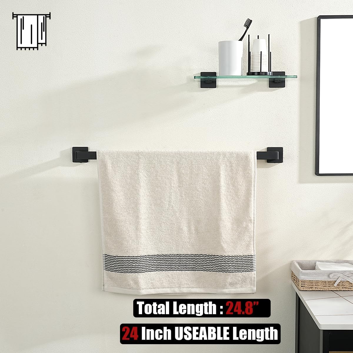 JQK Black Towel Bar, Rounded Edges 26.41 Inch Towel Rack, 304 Stainless Steel Bathroom Wall Mount, Useable Length 24 Inch, TB250L24-PB