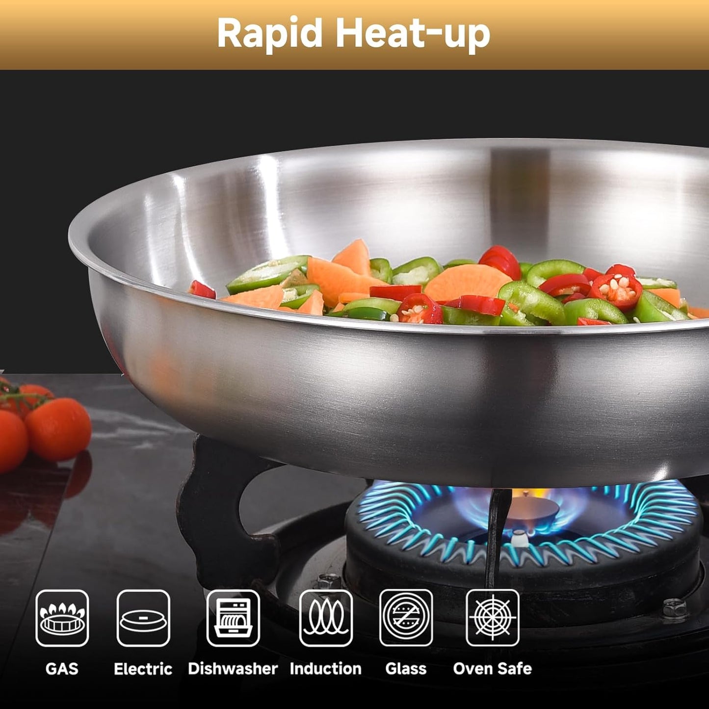 Inqibee 12 Inch Tri-Ply Stainless Steel Frying Pan with Lid,Skillet,Induction Cooking Pan,Dishwasher Safe,Detachable Large Handle