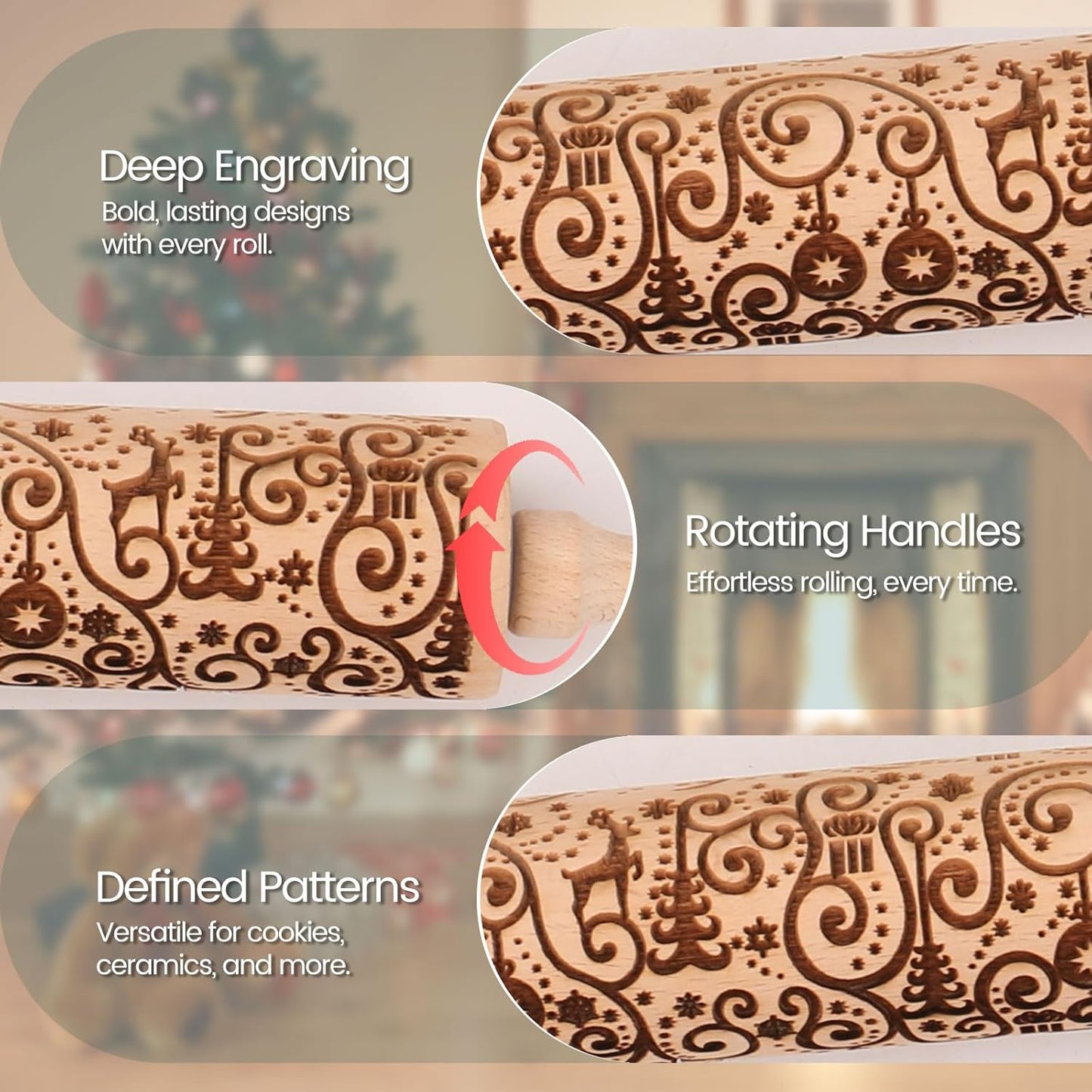 Floral Reindeer Embossed Rolling Pins for Cookies, Wooden Engraved Rolling Pin for Baking, Embossing Rolling Pin with Design, Patterned Rolling Pin Decorative Springerle Mold Stamp Clay Pattern Roller