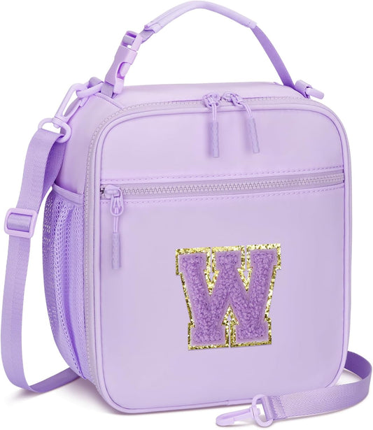 Initial Insulated Lunch Bag for Girls Kids, Back to School Gift, Reusable Leak-proof Lunch Box with Adjustable Strap for School Daycare Travel Picnic (Purple,W)