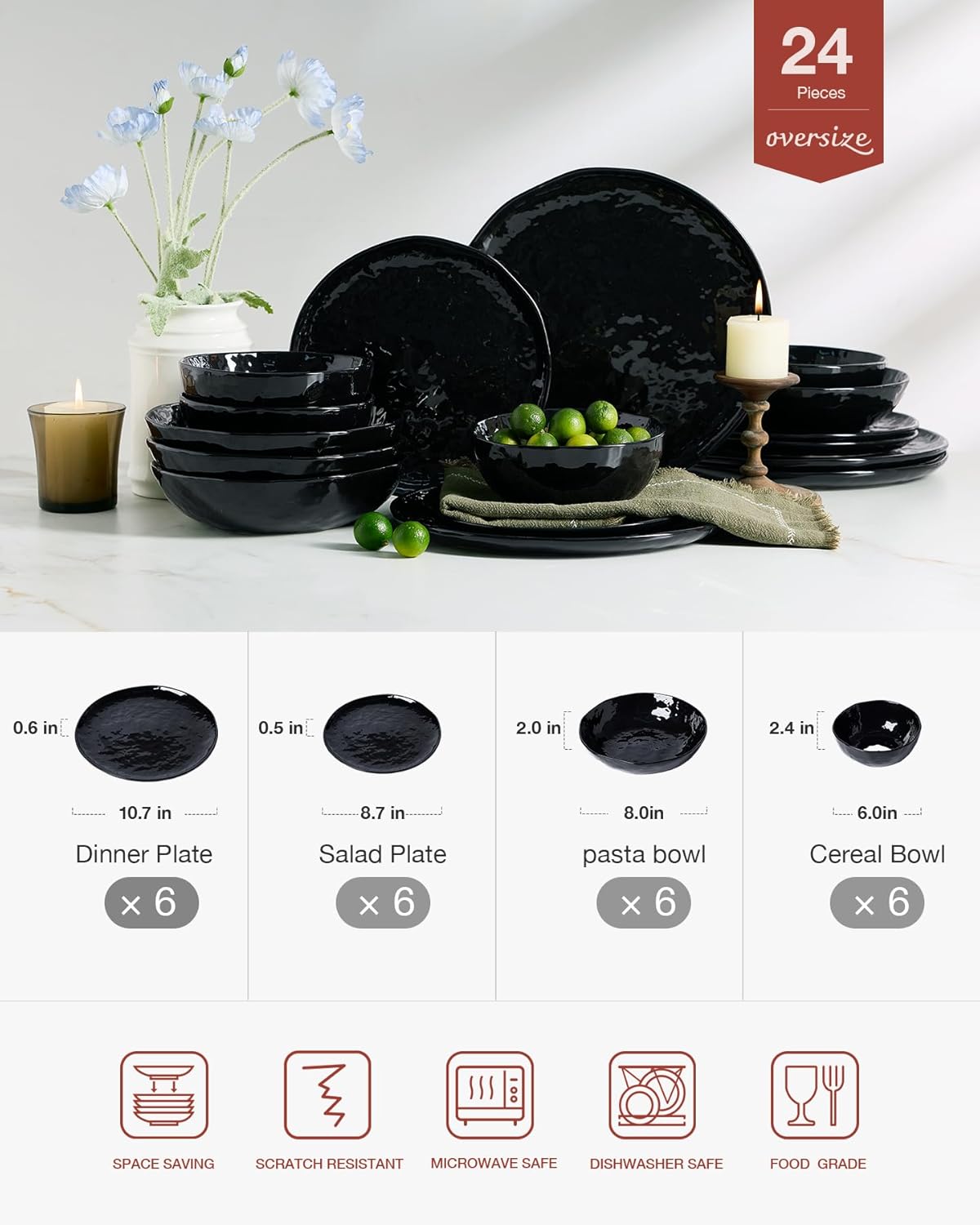 Famiware Porcelain kitchen plates and bowls set, Modern dishes set for 6, Handmade Wave Edge Dinnerware Sets, Microwave and Dishwasher Safe Tableware, Glossy-black (24pc)