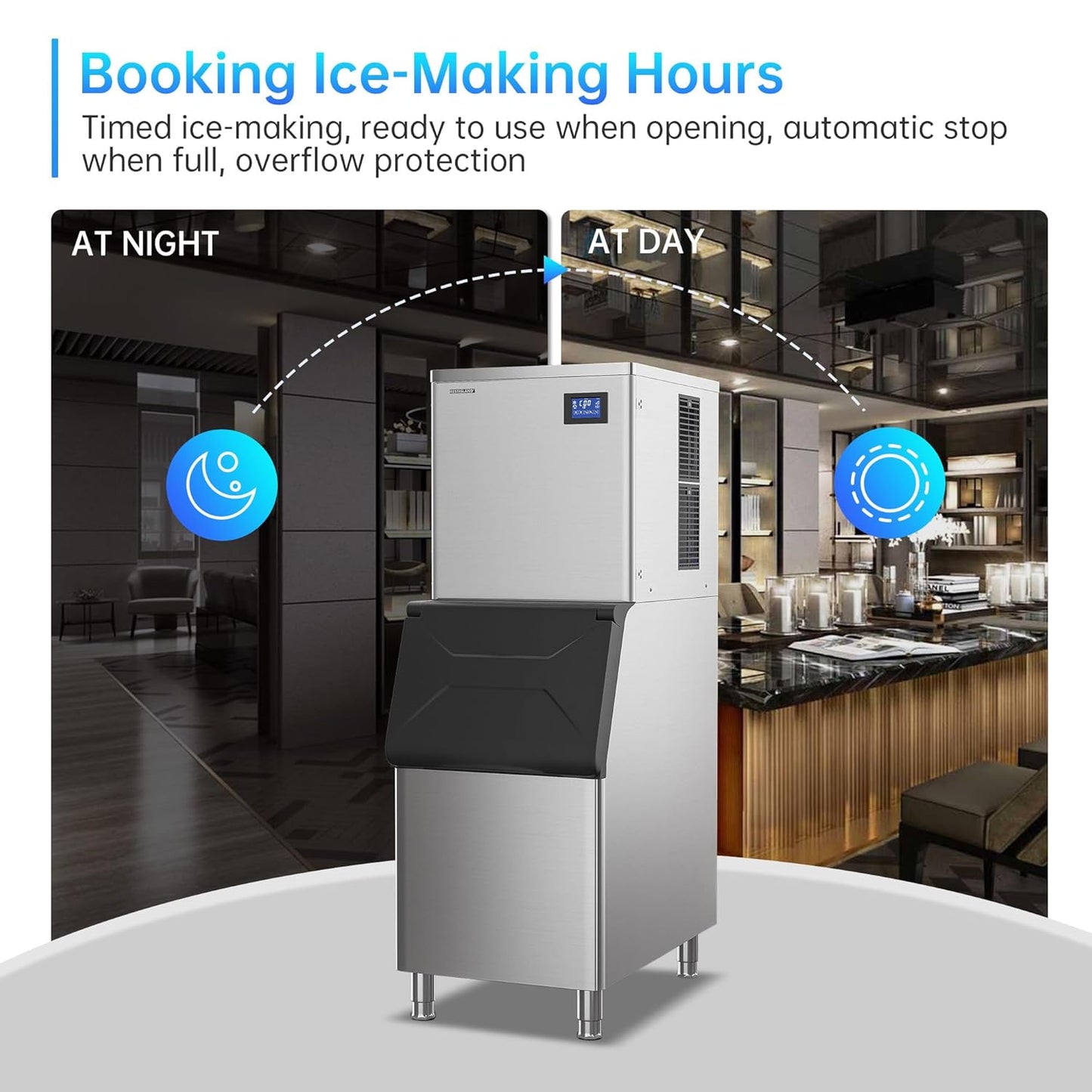 Commercial Ice Maker Machine, 400 lbs /24 h, 330 lbs Storage Bin, Stainless Steel, Automatic Cleaning, Blue Ray, Perfect for Bar or Business, Includes Ice Shovel, Connection Hose