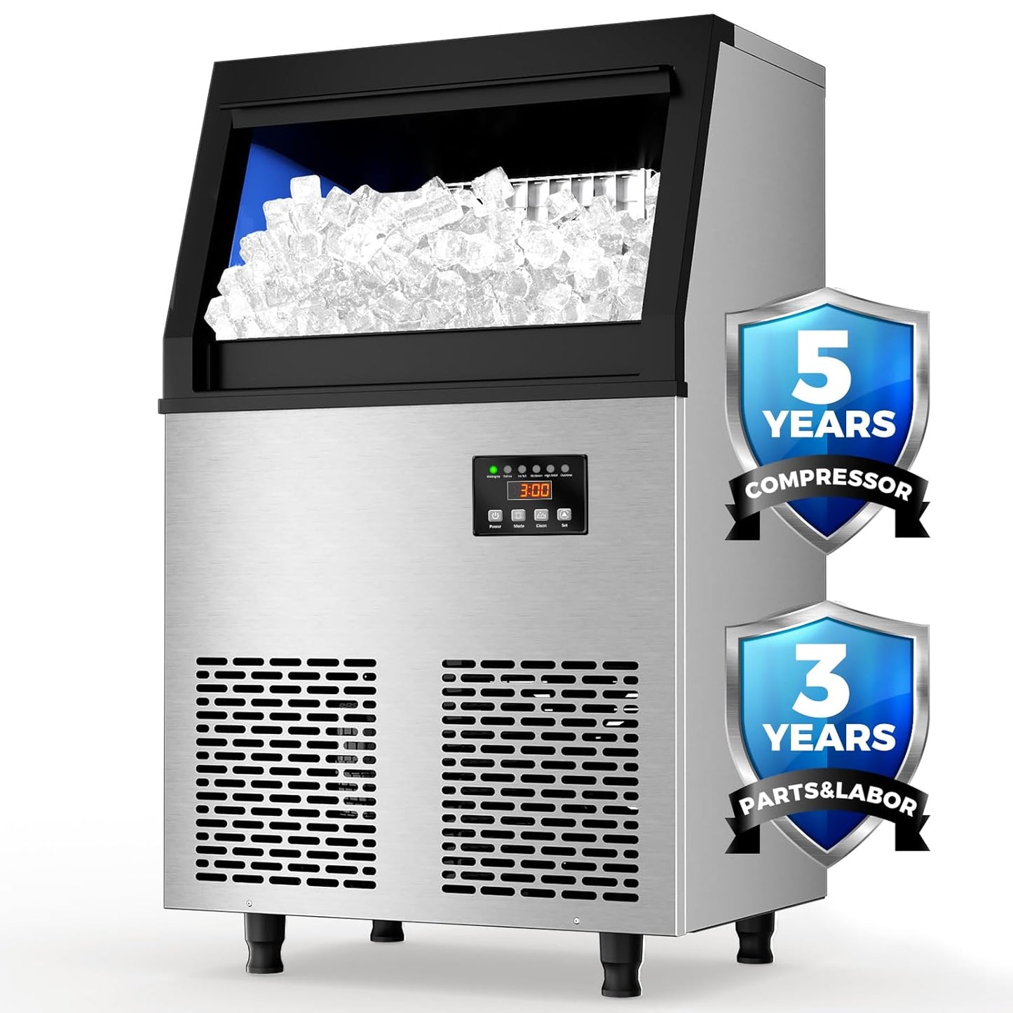 Commercial Ice Maker Machine, 100 lbs/24H Under Counter Ice Machine with 34lbs Ice Storage, Stainless Steel Freestanding Ice Makers for Home Bar Restaurant Outdoor, 45 Ice Cubes