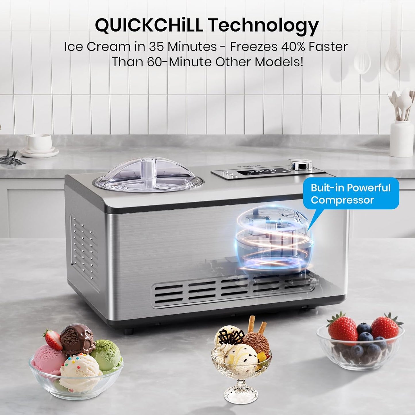Ice Cream Maker with Upgraded Compressor, [40% Faster Freezing], No Pre-Freezing Needed, LED Display, 2.1 Qt Capacity, Easy Operation for Ice Cream & Yogurt, Stainless Steel