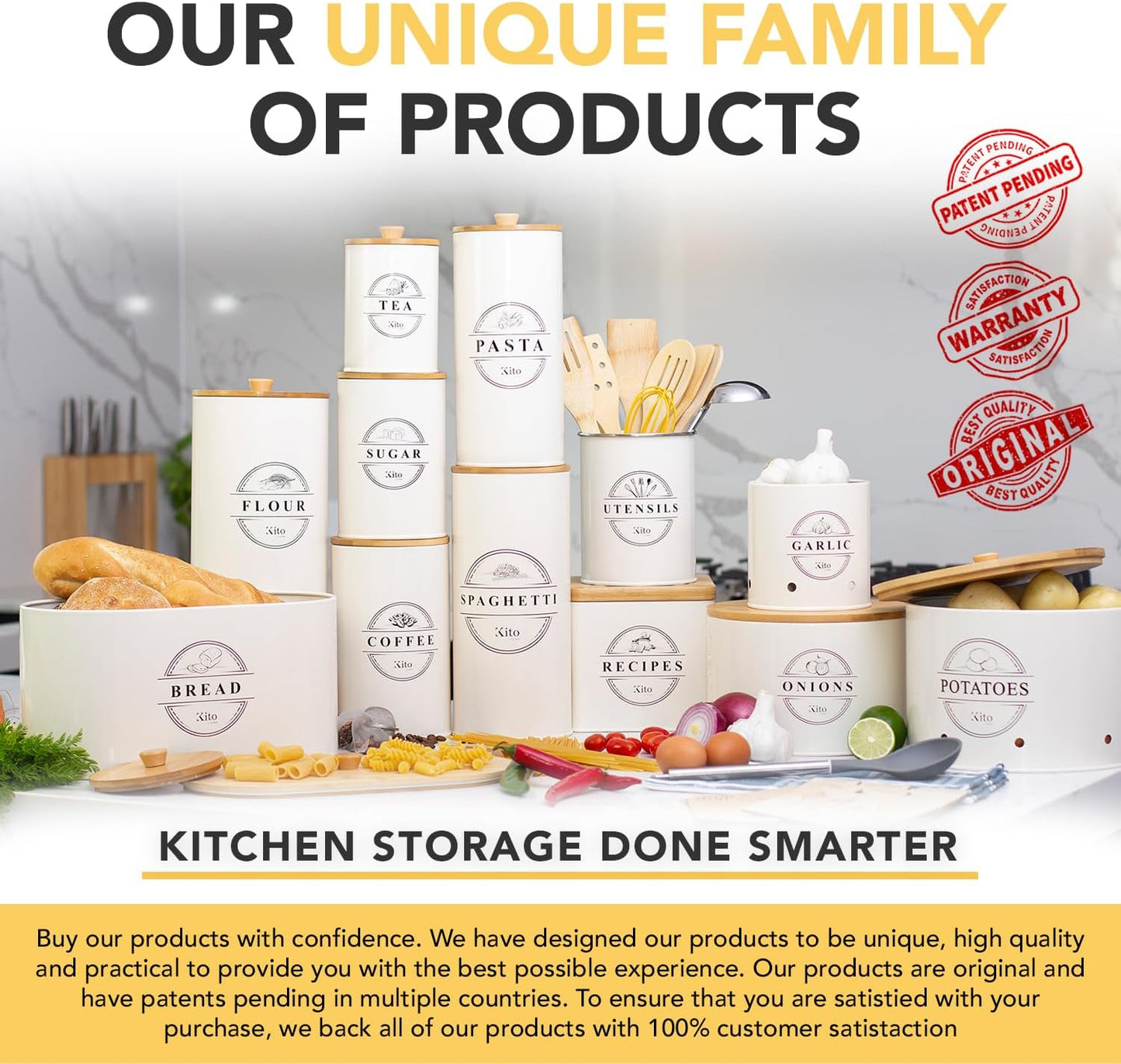 Canisters Sets for Kitchen Counter Storage and Organization with Wooden Bamboo Lids, Food Pantry Containers, Stackable Steel Storage Bins, Airtight Sugar Tea Coffee Canisters - Cream