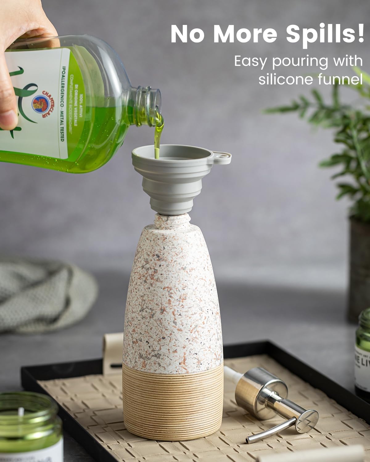 Soap Dispenser Set for Shower, Ceramic Refillable Soap Bottle for Shampoo, Conditioner, Bathroom & Kitchen, Includes Silicone Funnel, Plastic and Stainless Steel Pump, Granite Peach Blossom, 12 oz