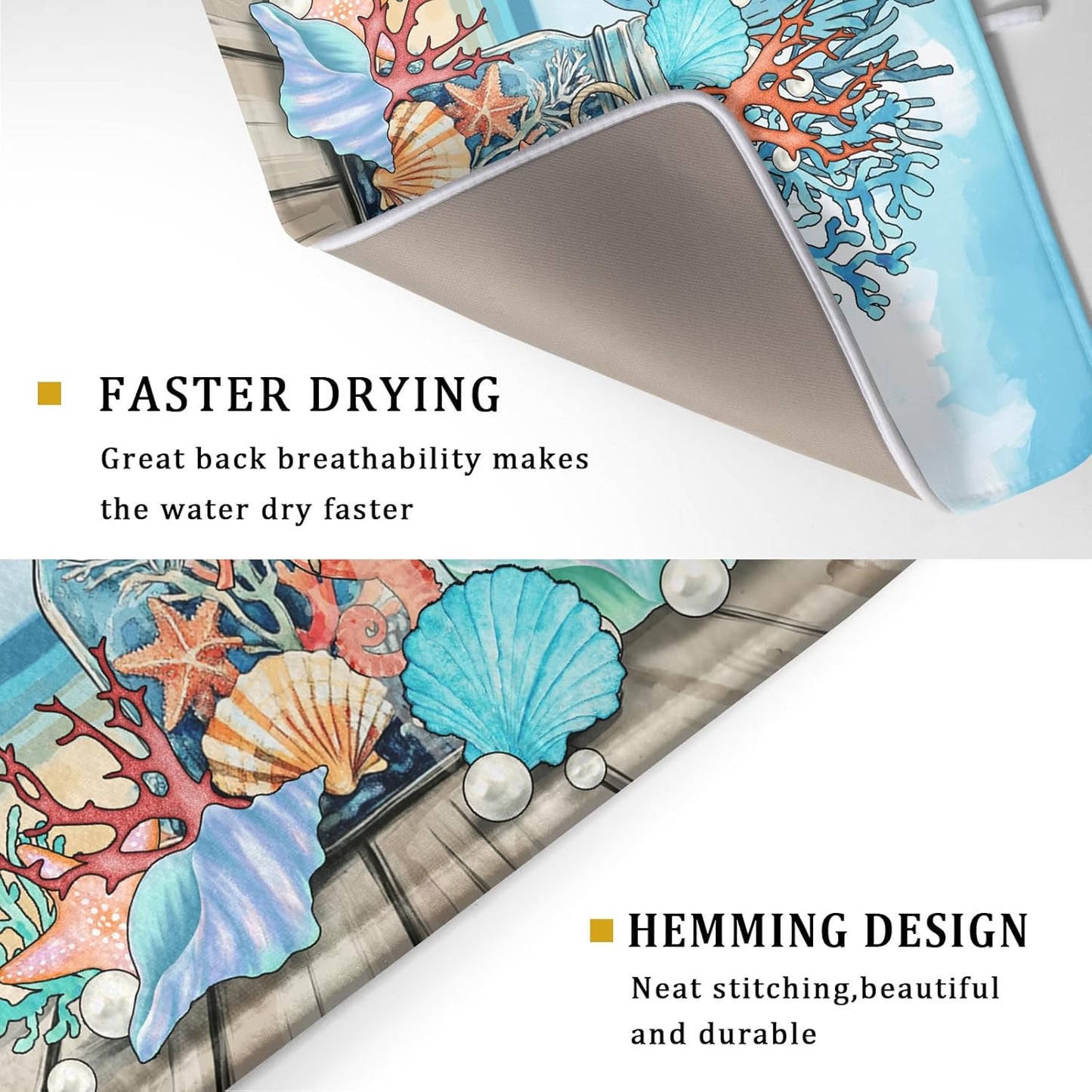 Coastal Coral Dish Drying Mat 18x24 inch Starfish Shell Fast Dry Microfiber Dish Rack Mats Drainer Pad for Countertop Kitchen Table Decor