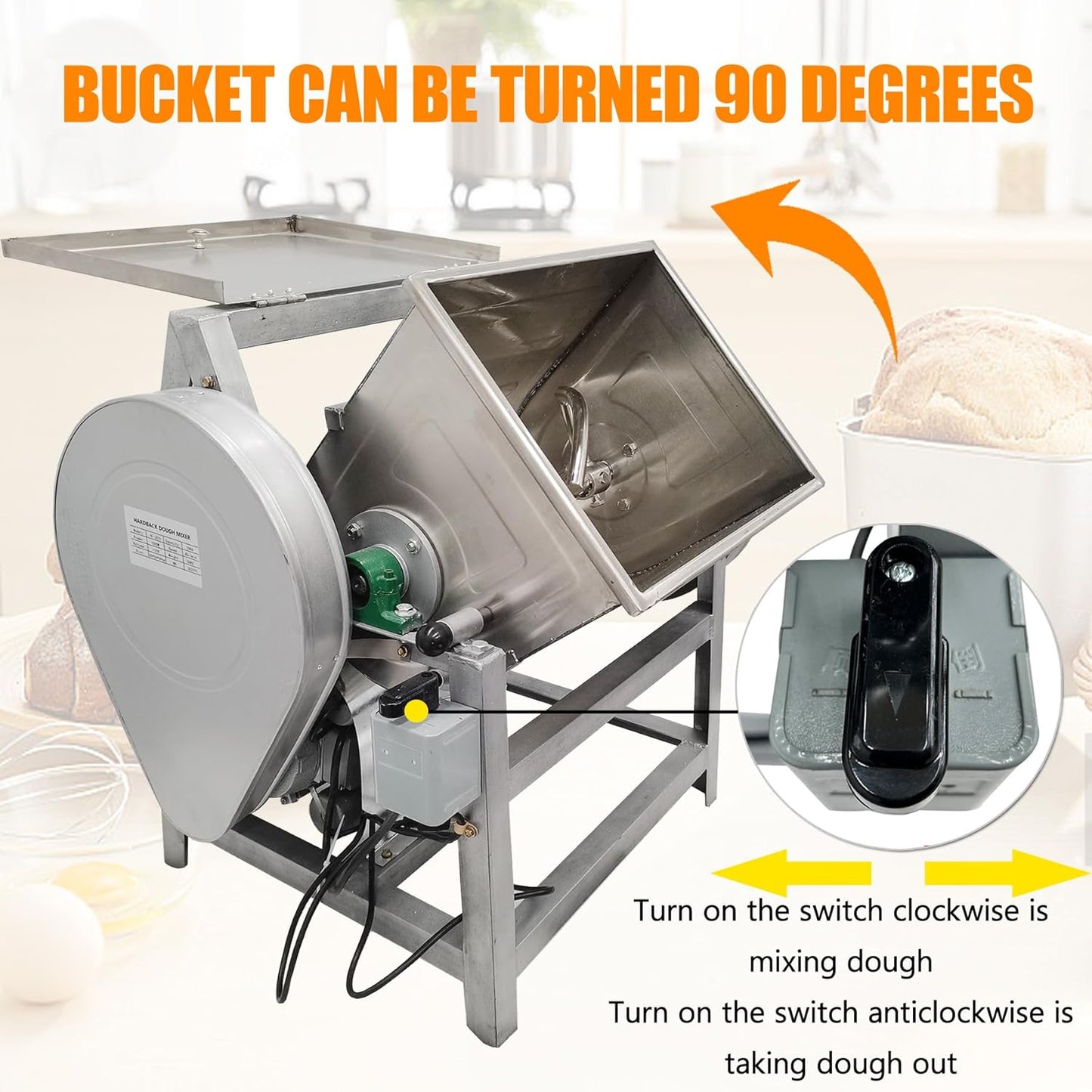 Commercial Dough Mixer, 15KG Stand Spiral Food Flour Mixer Dough Kneading Machine with 15.5 x 12 x 14inch Bowl Size and 90 Degree Tilt for Schools, Restaurant, 110V ﻿