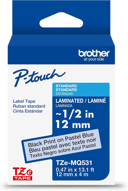 Brother Genuine P-Touch TZe Black Print on Pastel Blue Label Tape (TZeMQ531), Laminated, ~1/2in x 13.1ft (12mm x 4m), for Select P-Touch Label Makers, Durable, Water-Resistant, Indoor/Outdoor Use