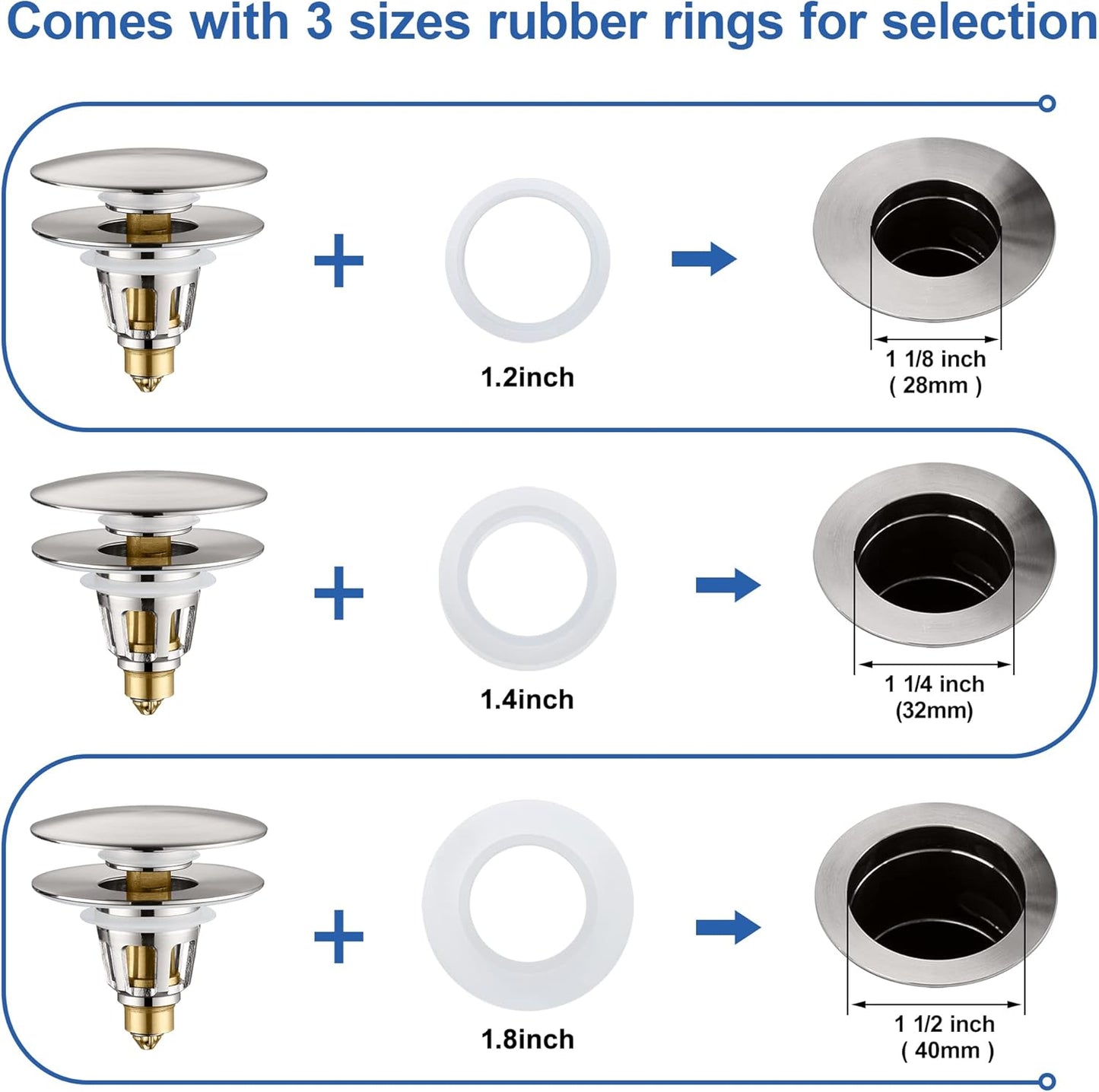 3-in-1 Universal Bathroom Sink Stopper - Brushed Nickel Pop Up Sink Drain Stopper, Brass Bounce Bullet Core Sink Stopper Replacement, Wash Basin Drain Filter Plug with Anti-Clogging Strainer