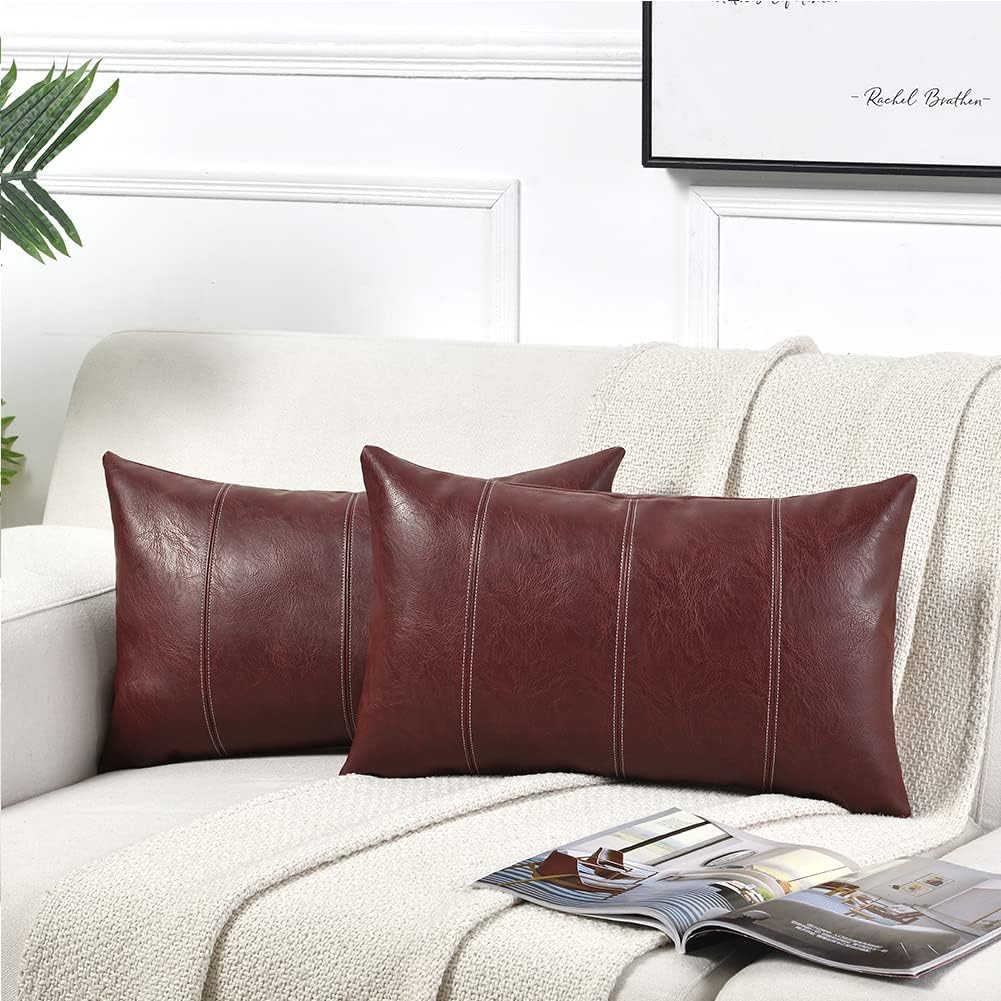 Fancy Homi Burgundy Lumbar Waterproof Faux Leather Decorative Throw Pillow Covers 12x20 Inch for Living Room Couch Bed, Modern Farmhouse Boho Home Decor, Wine Red Hand Stitched Cushion Case 30x50 cm