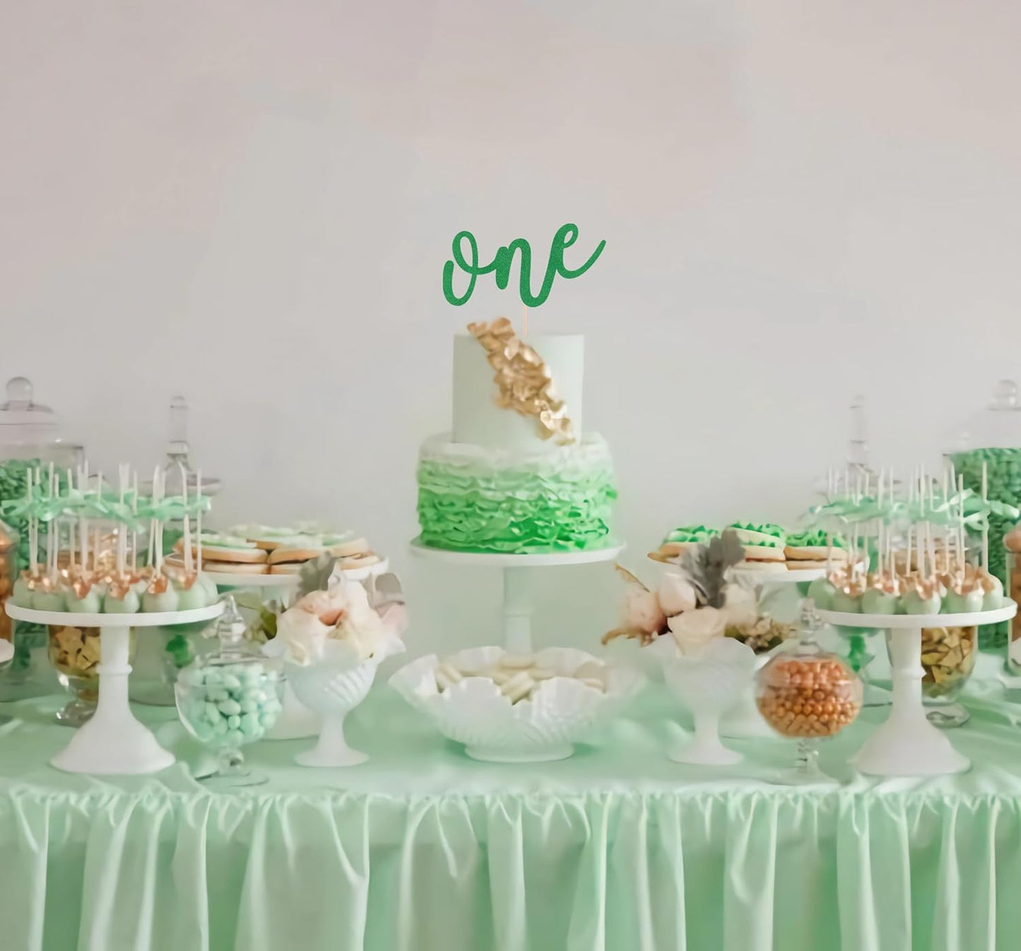 First Birthday Cake Topper - Green Glitter One Cake Decorating Supplies for Girls and Boys, Perfect for Baby Shower/Gender Revealing Party/Baby Party Photo Booth Props