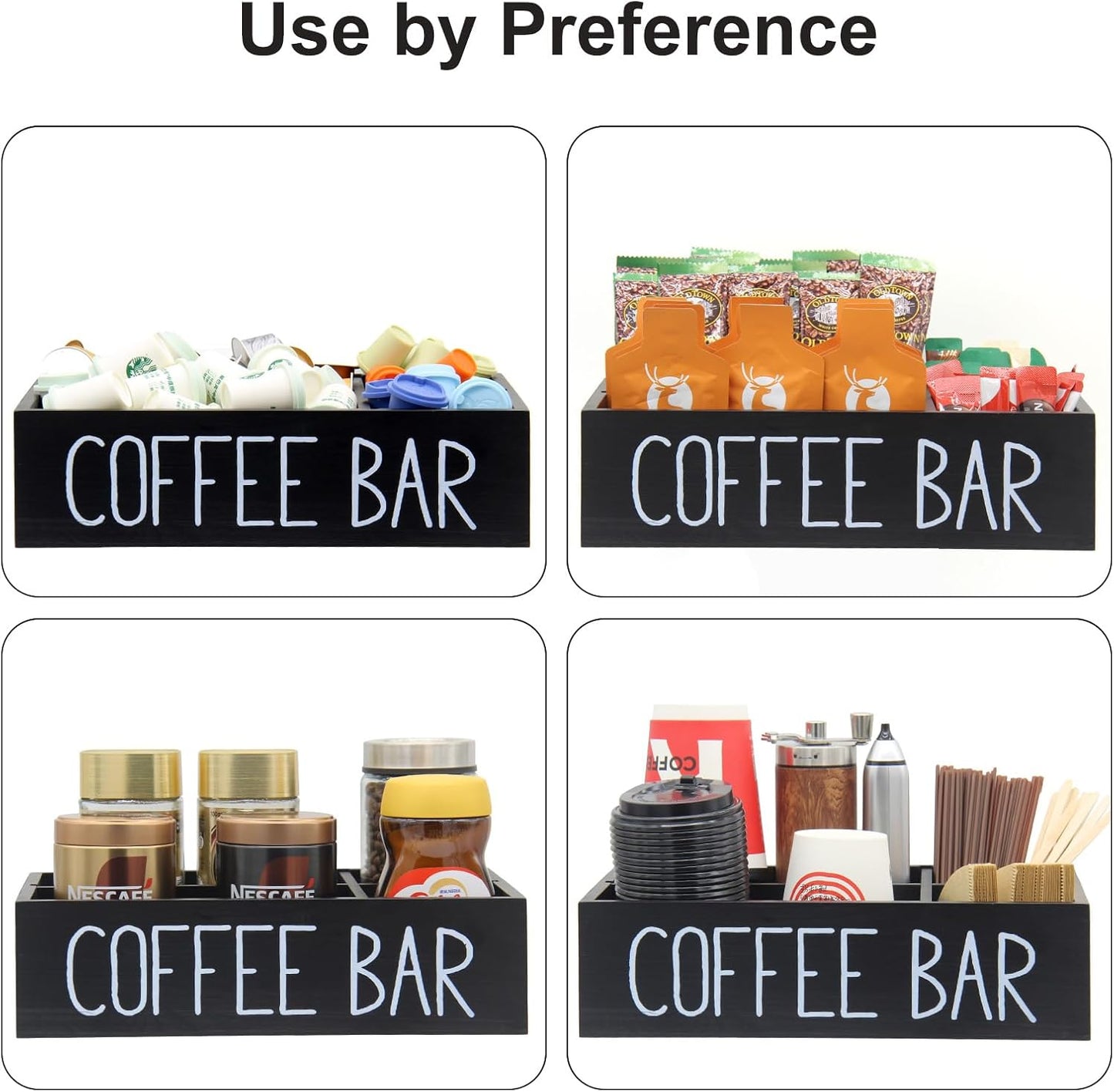 Coffee Station Organizer with Removable Dividers Disposable Cup Holder Wooden Countertop Organizer for Tea Condiment Accessories Storage Farmhouse Bar Decor Black (Black)