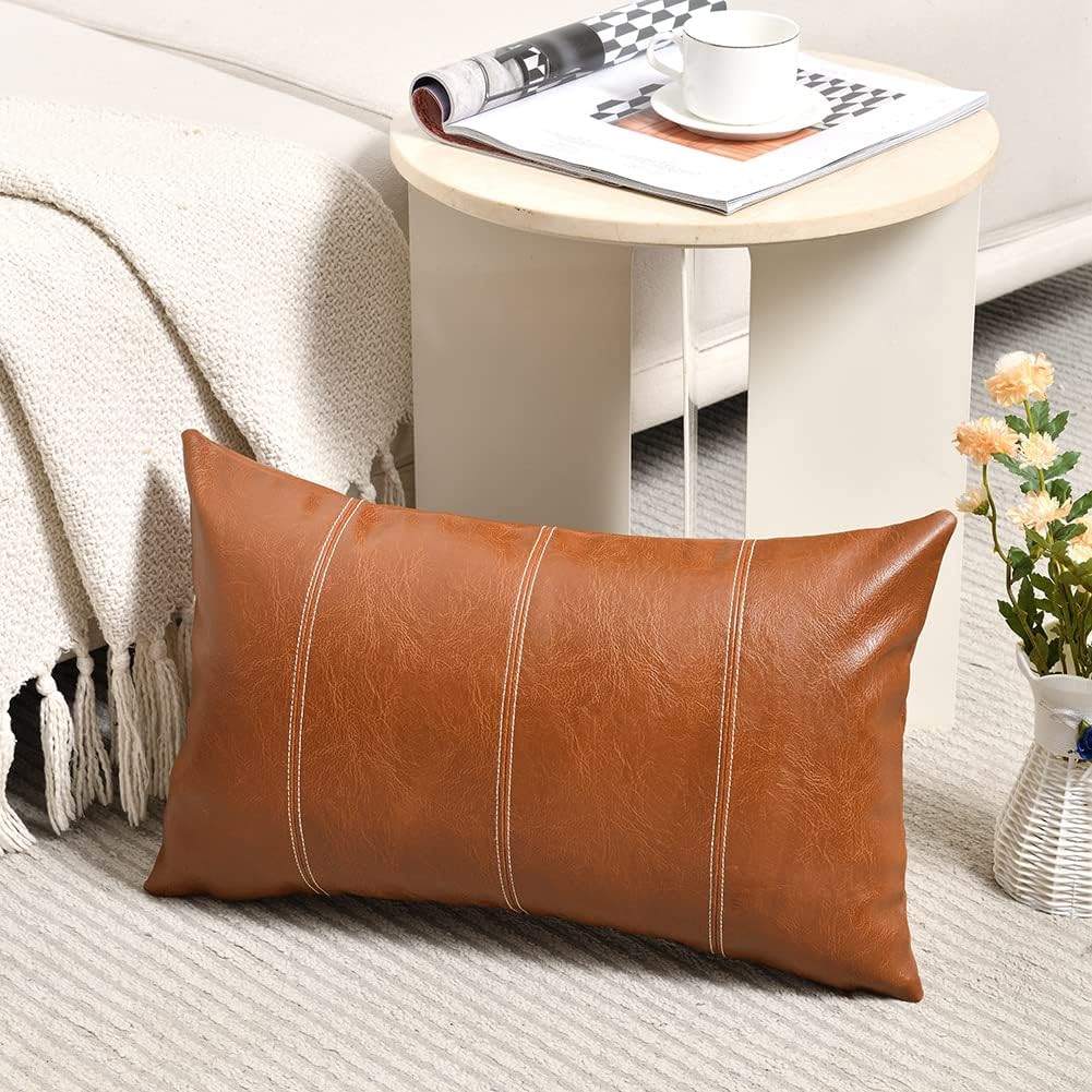 Fancy Homi Brown Boho Lumbar Faux Leather Decorative Throw Pillow Covers 12x20 Inch for Living Room Couch Bed Sofa, Hand Stitched Rectangle Cushion Case 30x50 cm, Rustic Modern Farmhouse Home Decor