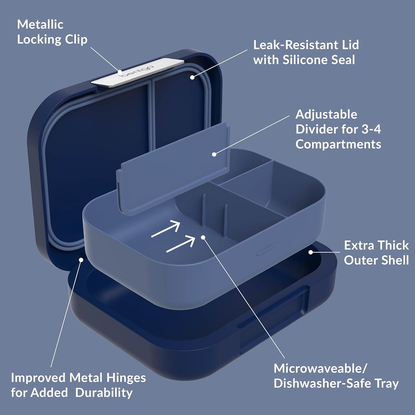 Bentgo Modern - Adult & Teen Bento Lunch Box; 3-4 Compartments, Leak-Resistant, 5.5 Cup Capacity/44 fl oz, Improved Locking Clips, Reusable, BPA-Free, Dishwasher/Microwave Safe Tray (Navy)