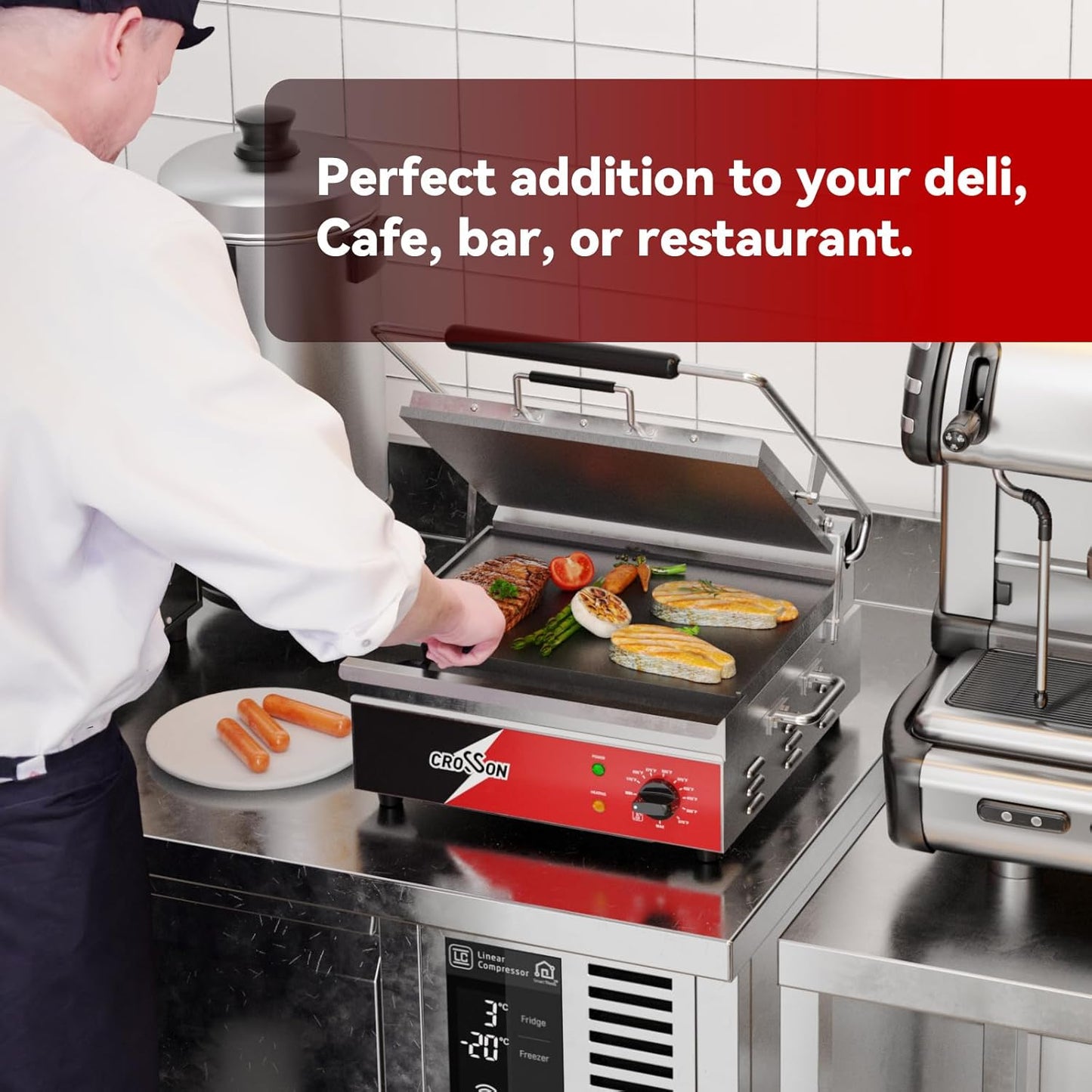 CROSSON 15"×11" Flat ETL Listed Commercial Electric Panini Grill,Hinged Auto Leveling Top Plate Panini Press Sandwitch Maker