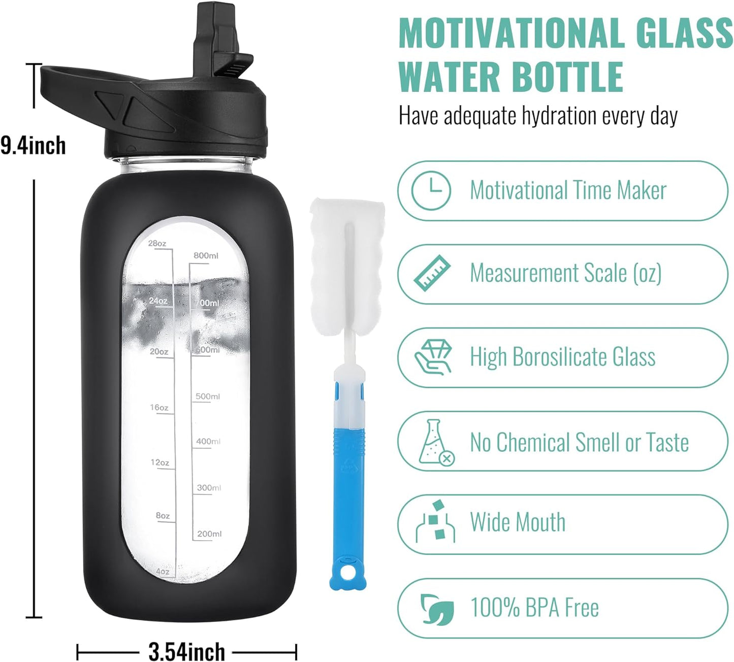 CIVAGO 32 oz Glass Water Bottle with Straw and Handle, Large Sports Motivational Water Bottle Flask with Time Marker, Leakproof Water Jug Canteen with Silicone Sleeve for Gym,Light Blue