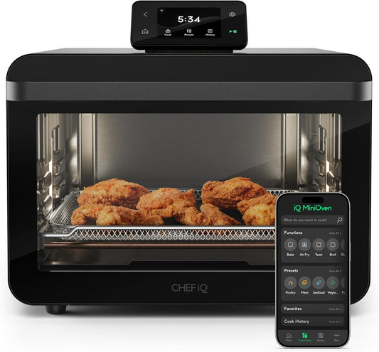 CHEF iQ MiniOven Smart Toaster Oven Air Fryer Combo, 11-in-1 Countertop Convection Oven, Bake, Broil, Air Fry, Broil, Dehydrate, 1750W, 25 Qt Capacity, Fast Cooking with Touchscreen Controls – Black