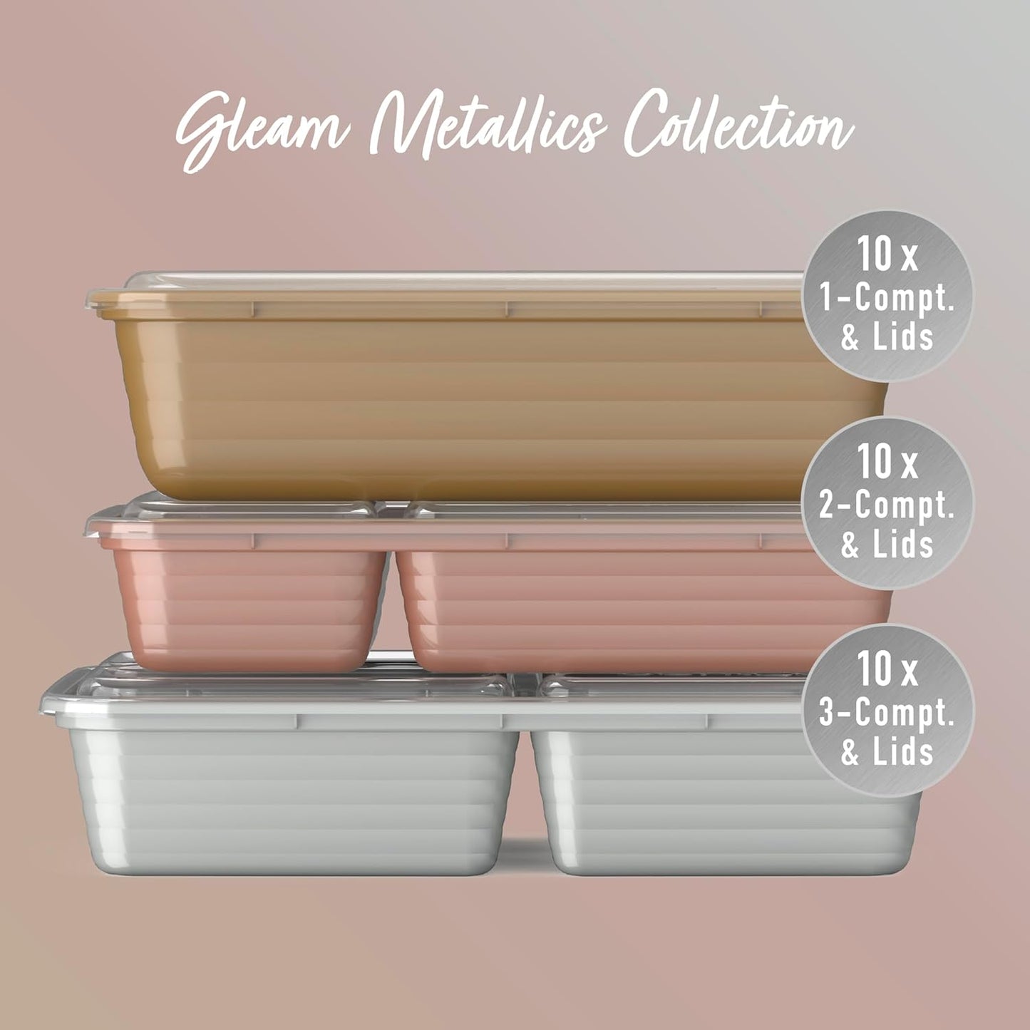 Bentgo Prep 60-Piece Meal Prep Kit - Reusable PFAS & BPA-Free Food Containers, 1-Compartment, 2-Compartment, & 3-Compartments - Microwave, Freezer, & Dishwasher Safe (Gleam Metallics)