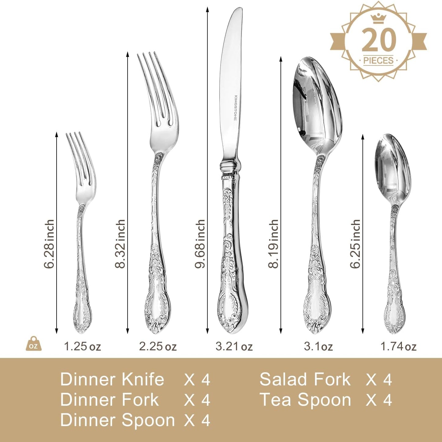 KINGSTONE Vintage Carved Silverware Set, 20-Piece 18/10 Stainless Steel Flatware Cutlery Set with Retro Royal Thick Handle, Tableware Utensils for Home, Restaurant, party, Wedding, Dishwasher Safe