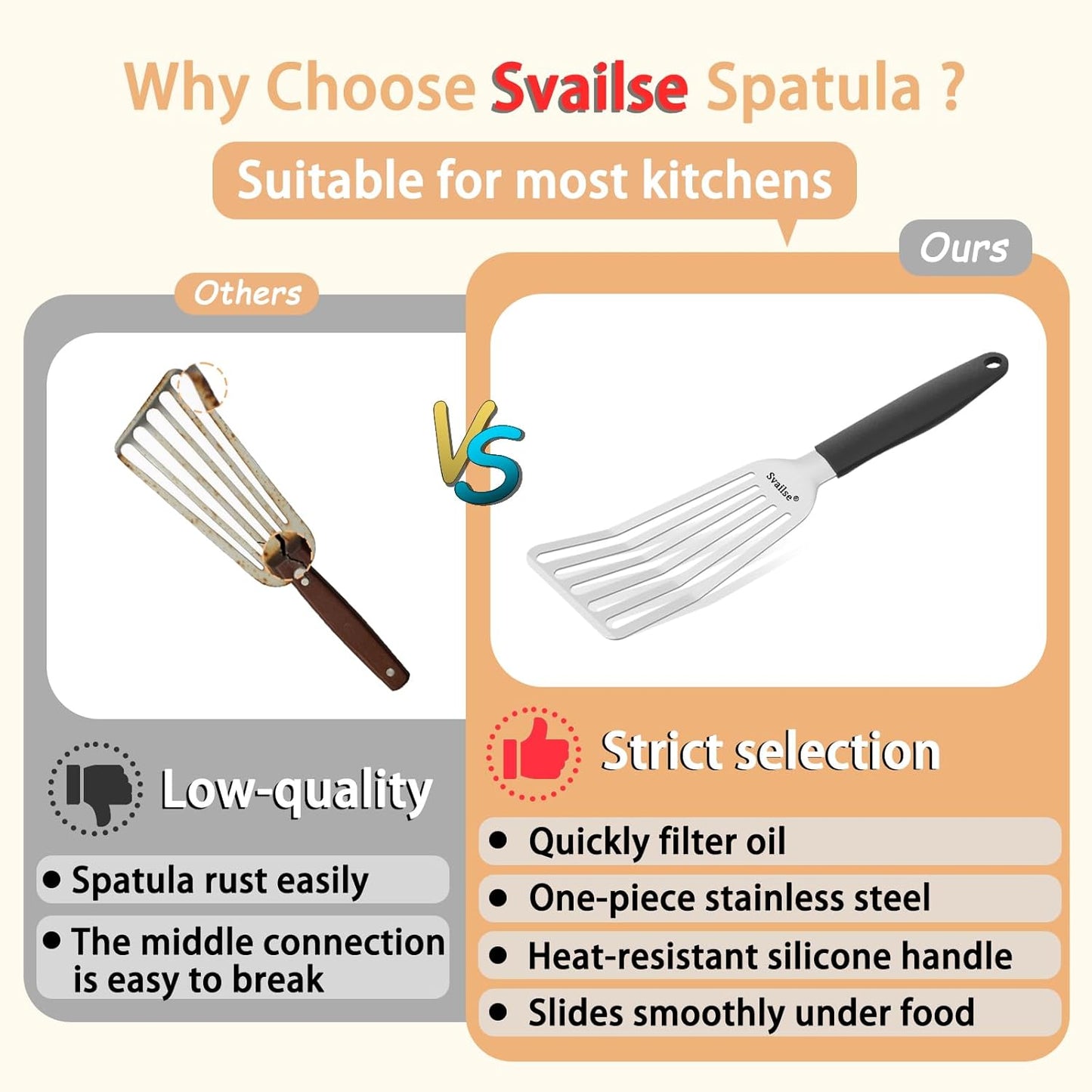 Fish Spatula Stainless Steel, Metal Spatula for Cast Iron Skillet, Slotted Turner with Silicone Handle for Cooking, Grilling, Flipping, Egg, Cookie, Pancake and Burger (Small, 11.7 Inch)