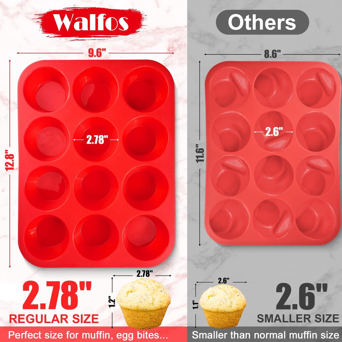 Walfos Silicone Muffin Pan - 12 Cups Regular Silicone Cupcake Pan, Non-stick Great for Making Muffin Cakes, Tart, Bread - BPA Free and Dishwasher Safe