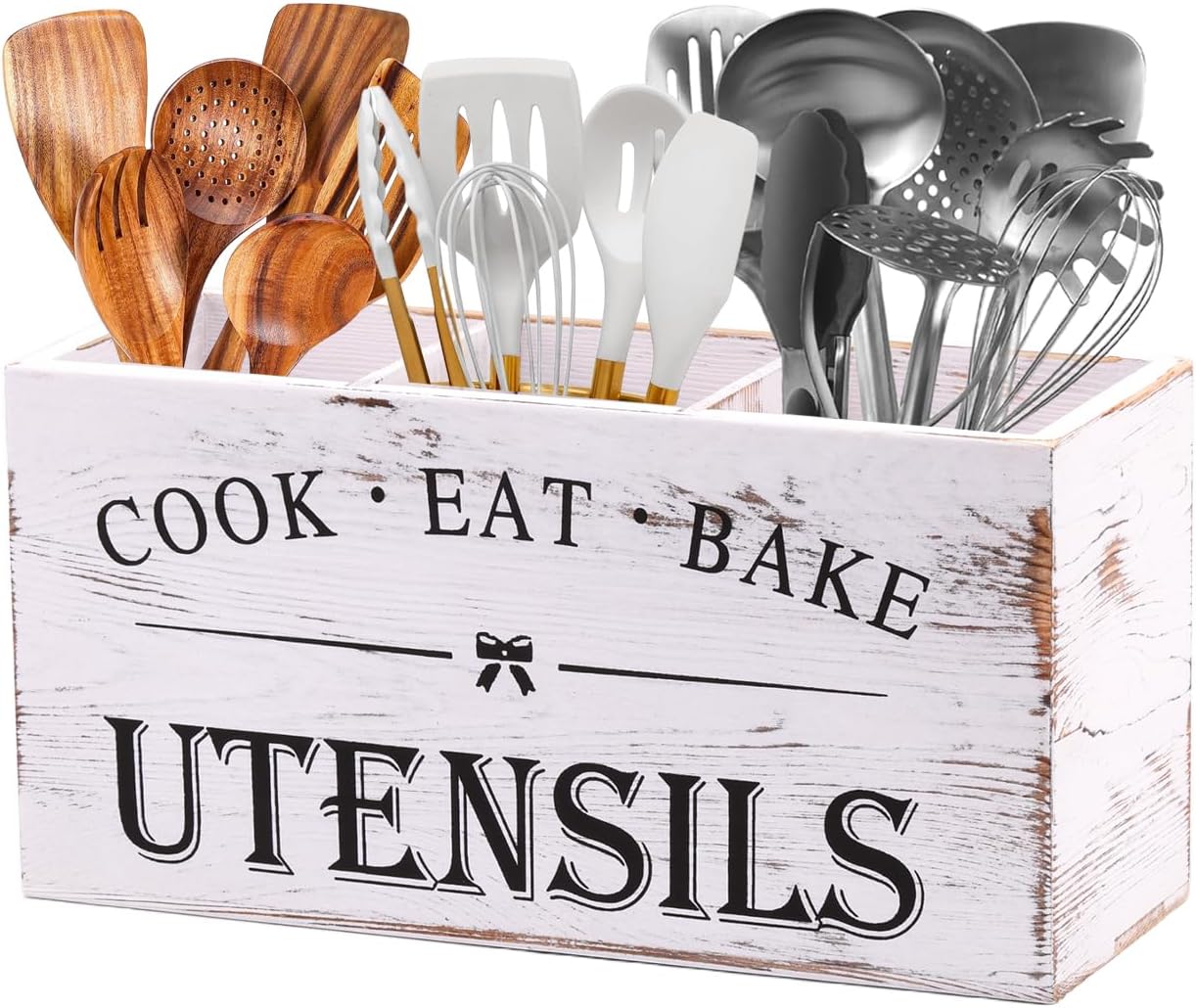 Kitchen Utensil Holder for Counter or Countertop, Extra Large Wood Organizer with 3 Compartments, Wooden Storage for Cooking and Silverware, Rustic Minimalist Decor, Sturdy Utensil Crock-White