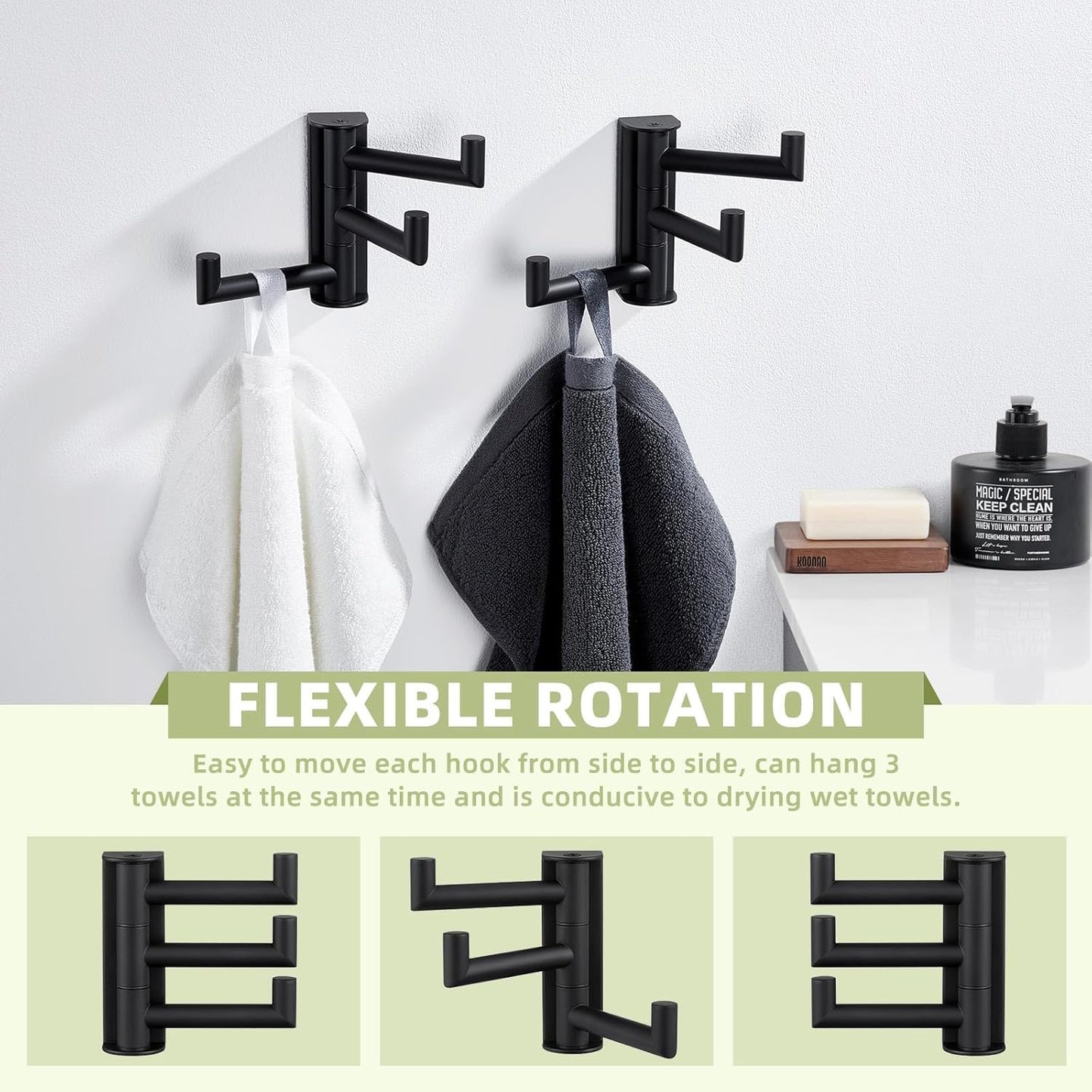 Suyar Towel Hook for Bathroom, SUS 304 Stainless Steel Swivel Coat Robe Holder with 3 Foldable Arms, Wall Hook Matte Black, 2 Pack