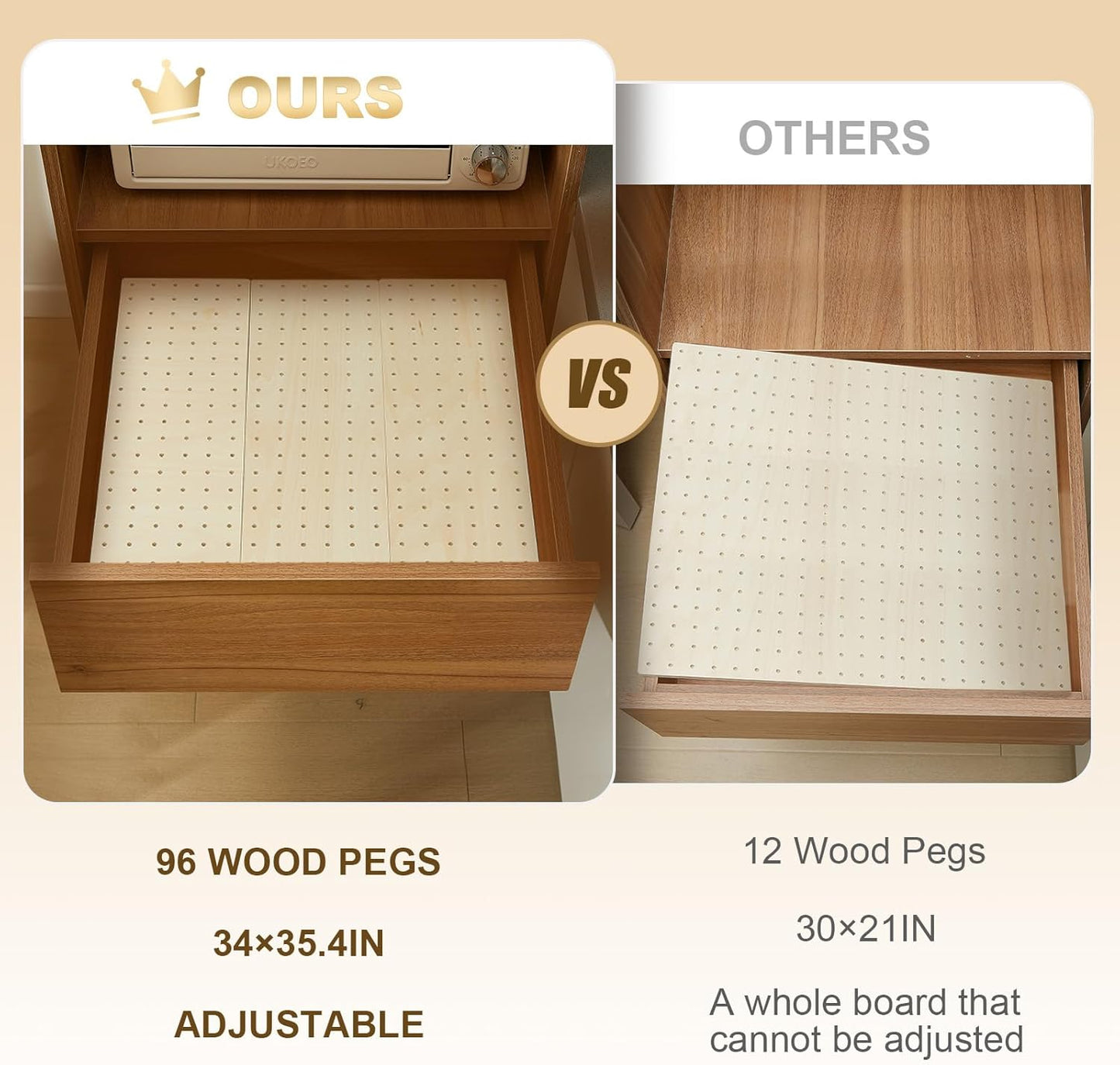 Kigley 12 Pcs Pegboard Drawer Organizer with 96 Drawer Peg Wood Peg Board Wooden Kitchen Plate Organizer for Dishes Food Containers Cookware Utensils(17 Inch,Wood Color)