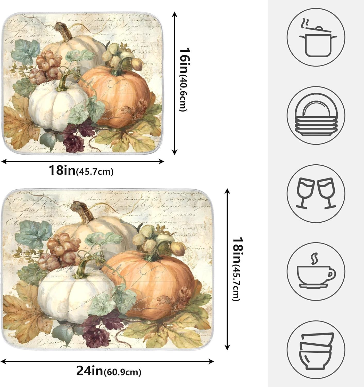 Autumn Pumpkin Fall Leaves Thanksgiving Dish Drying Mat for Kitchen Counter Absorbent Microfiber Small Drying Pad Dish mats for Kitchen Countertops 16 x 18 Inch