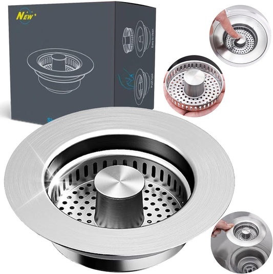 Kitchen Sink Drain Strainer – 304 Stainless Steel 3-in-1 Pop Up Design, Anti-Clogging Sink Strainer Basket for US Standard 3.5" Kitchen Drain, Water Storage & Debris Filter