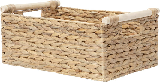 Handmade Water Hyacinth Woven Storage Baskets with Wooden Handles, Rectangle Rustic Organizer Set for Home Decor, Kitchen, Bedroom & Office (Medium)