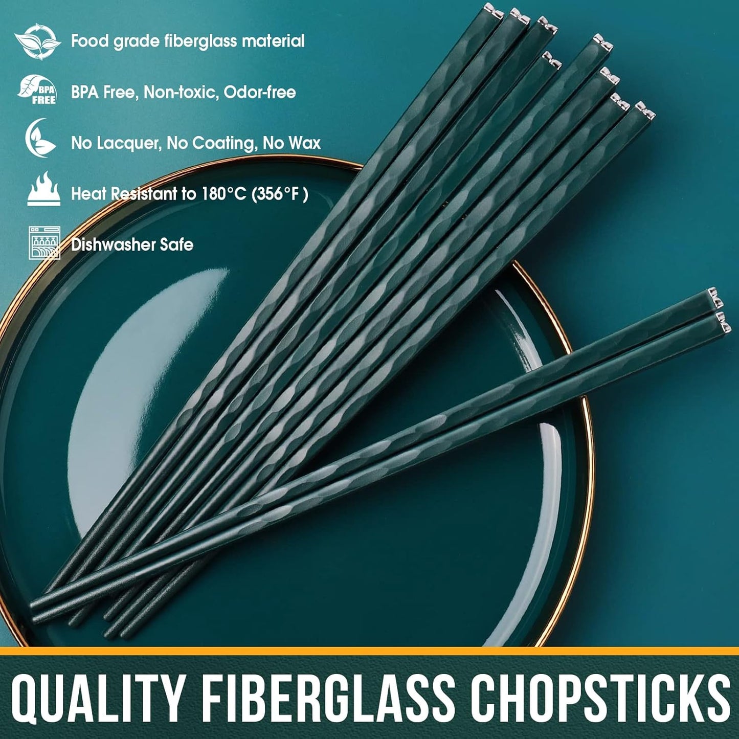 GLAMFIELDS 5 Pairs Chopsticks Reusable, Premium Fiberglass Chop sticks Dishwasher Safe for Sushi Ramen, Non-slip, 9 1/2 inches - Gift Set Green with Silver Plated
