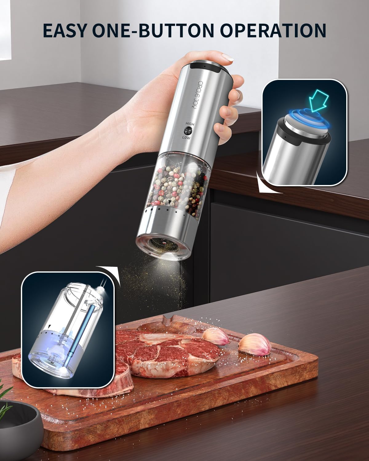 CIRCLE JOY Electric Pepper Grinder Stainless Steel Rechargeable Pepper Mill with Variable Grinding Speed, External Adjustable Coarseness, 95ml Container and White LED Light, Silver