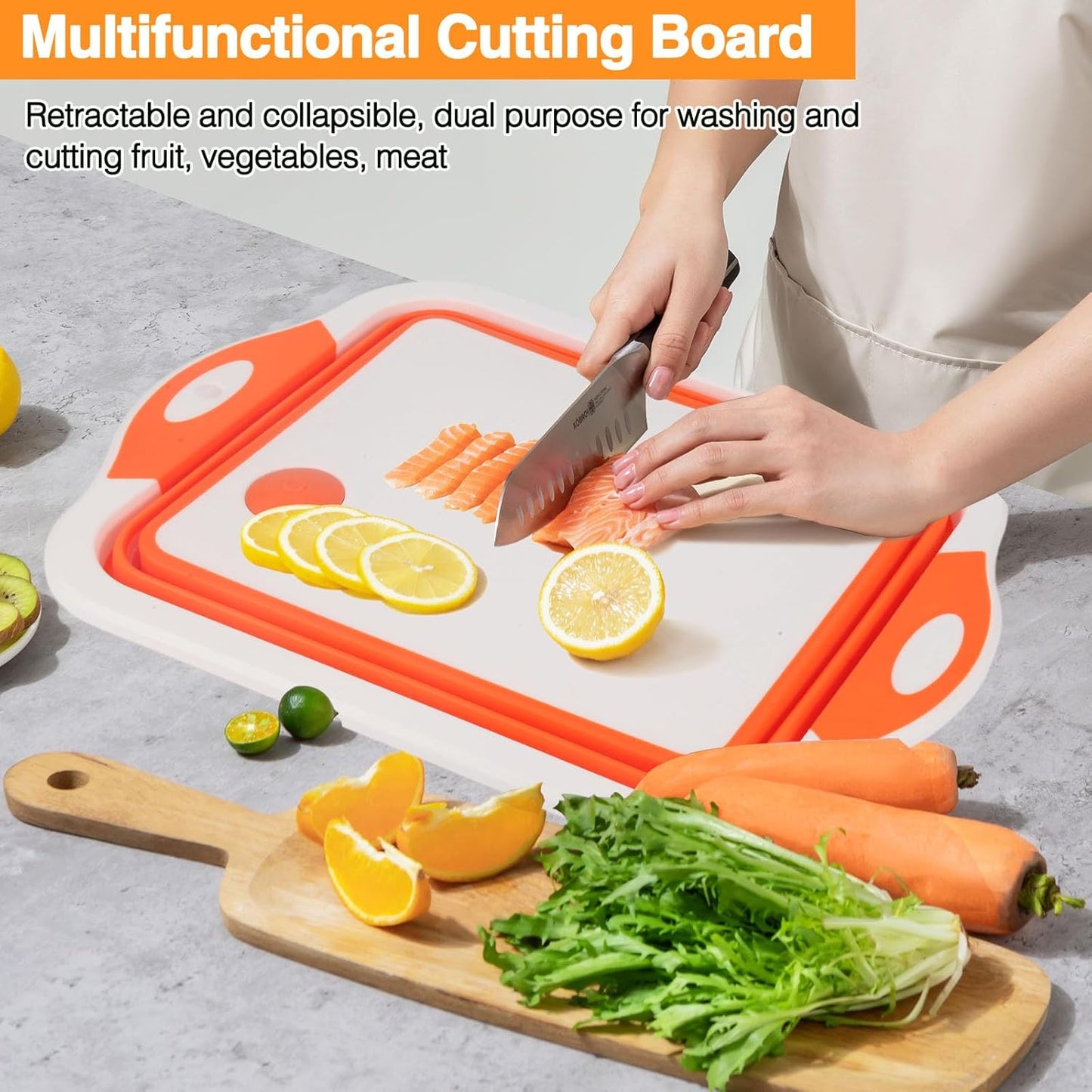 Collapsible BBQ Prep Tub/Cutting Board 10L, Foldable Dish Tub with Colander, Portable Camping Sink, Multifunction Dishing Basin Bucket Wash Tub for Kitchen Fruit Vegetable Picnic (Orange)