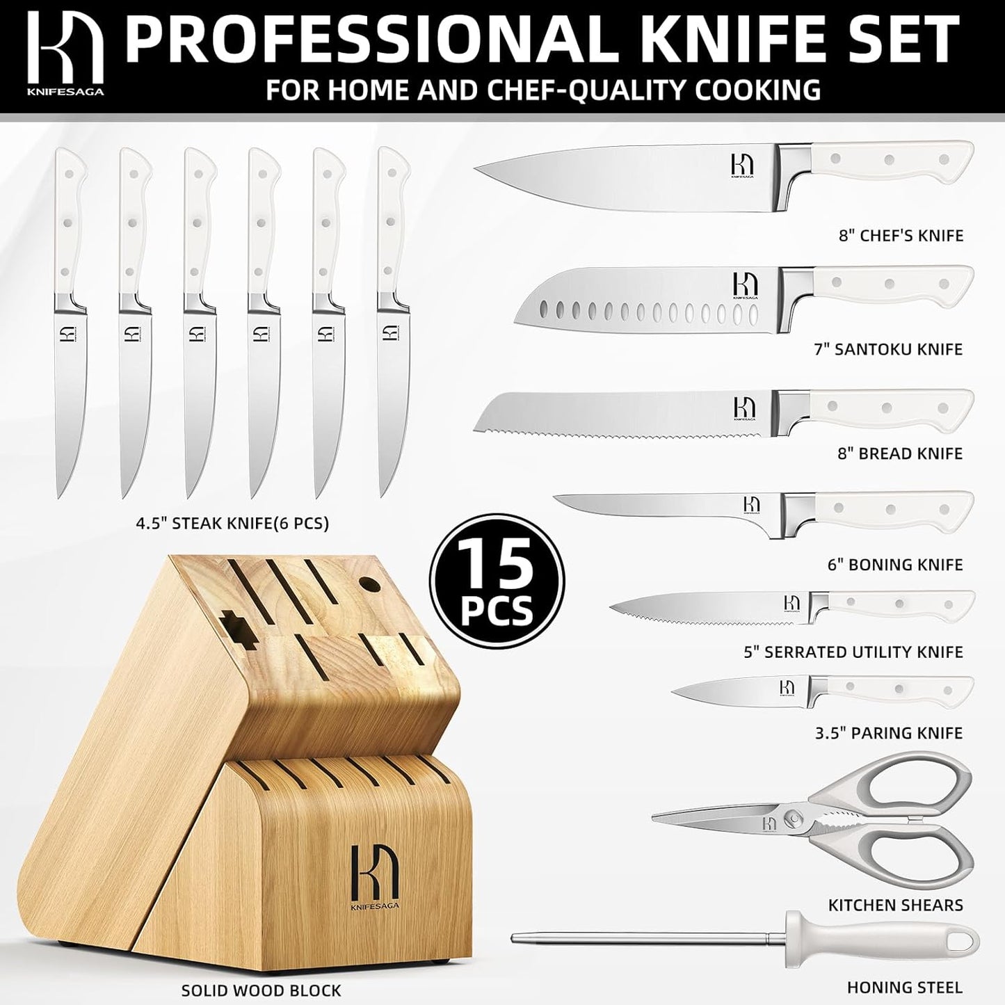 Knife Set, 15 Pcs Kitchen Knife Block Set, Enduring Razor-Sharp Japanese High Carbon Stainless Steel Chef Knife Set with Block and Sharpener, Premium Knives Set for Kitchen, White Natural Wood