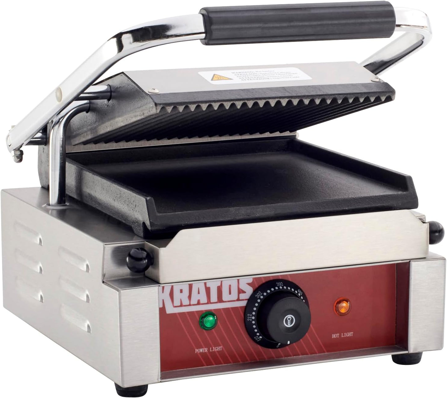 Kratos Commercial Electric Panini Sandwich Grill with Grooved Top and Smooth Bottom Plates, 9" x 9" Cooking Surface, Commercial Countertop Panini Press, 120V, 1750W (29Y-019)