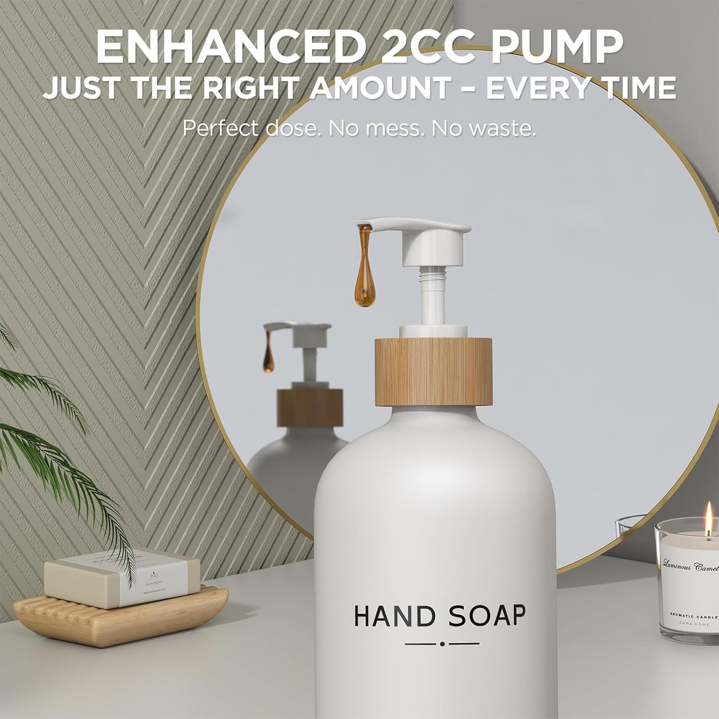 Hand and Dish Soap Dispenser Set,16oz Glass Bottles with Printed Labels, Bamboo Tray & Pump,Countertop Soap Dispensers for Kitchen,Luxury, Minimalist & Farmhouse Decor (Hand Dish (White))