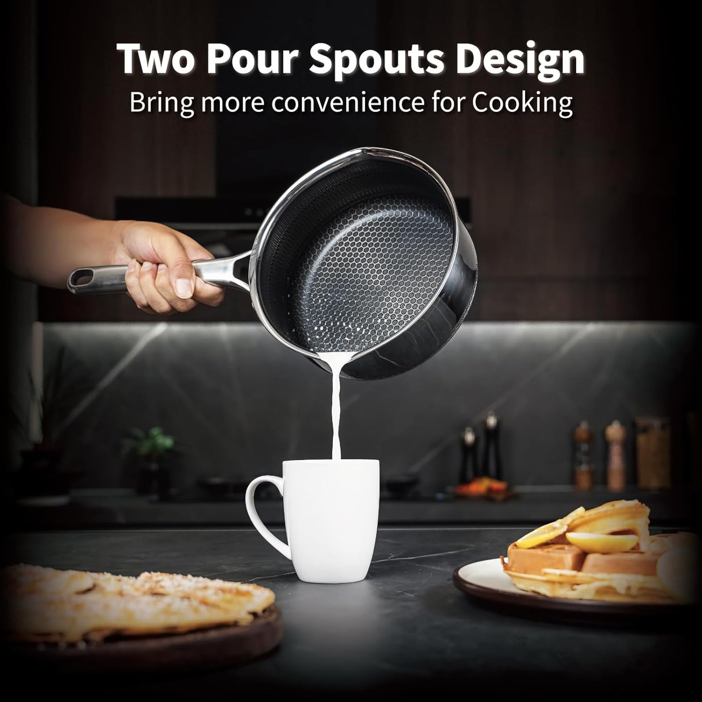 Hybrid Nonstick Saucepan Set of 2 with Lids 1.5 QT and 3 QT, Stainless Steel Honeycomb Pans with Side Pour Spouts,Compatible with All Cooktops,Dishwasher and Oven Safe