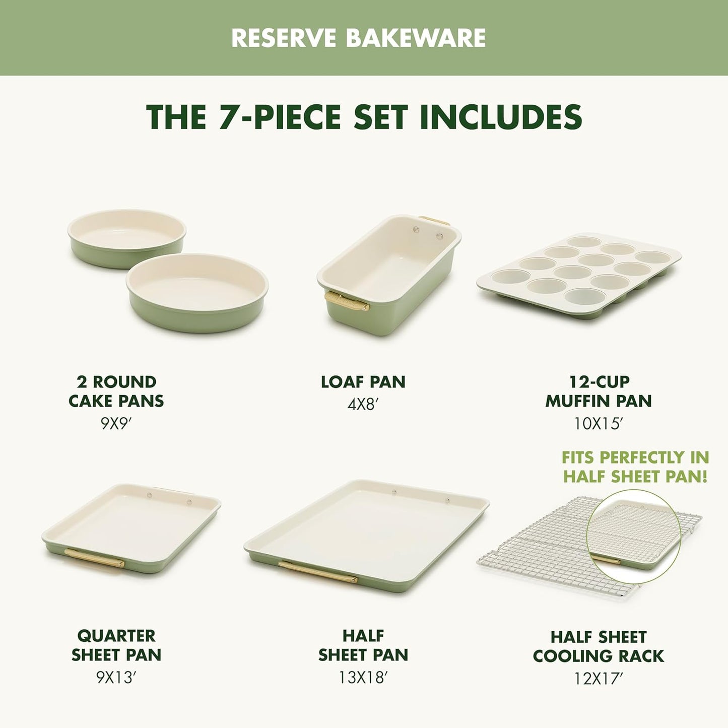 GreenPan Bakeware Set, 7 Piece Nonstick Ceramic Gold Handle Baking Sheets, Cake Pans, Loaf Pan, Muffin Tin, Cooling Rack, PFAS & BPA Free, Freezer to Oven Dish, Bake & Roast Ovenware, Sage Green