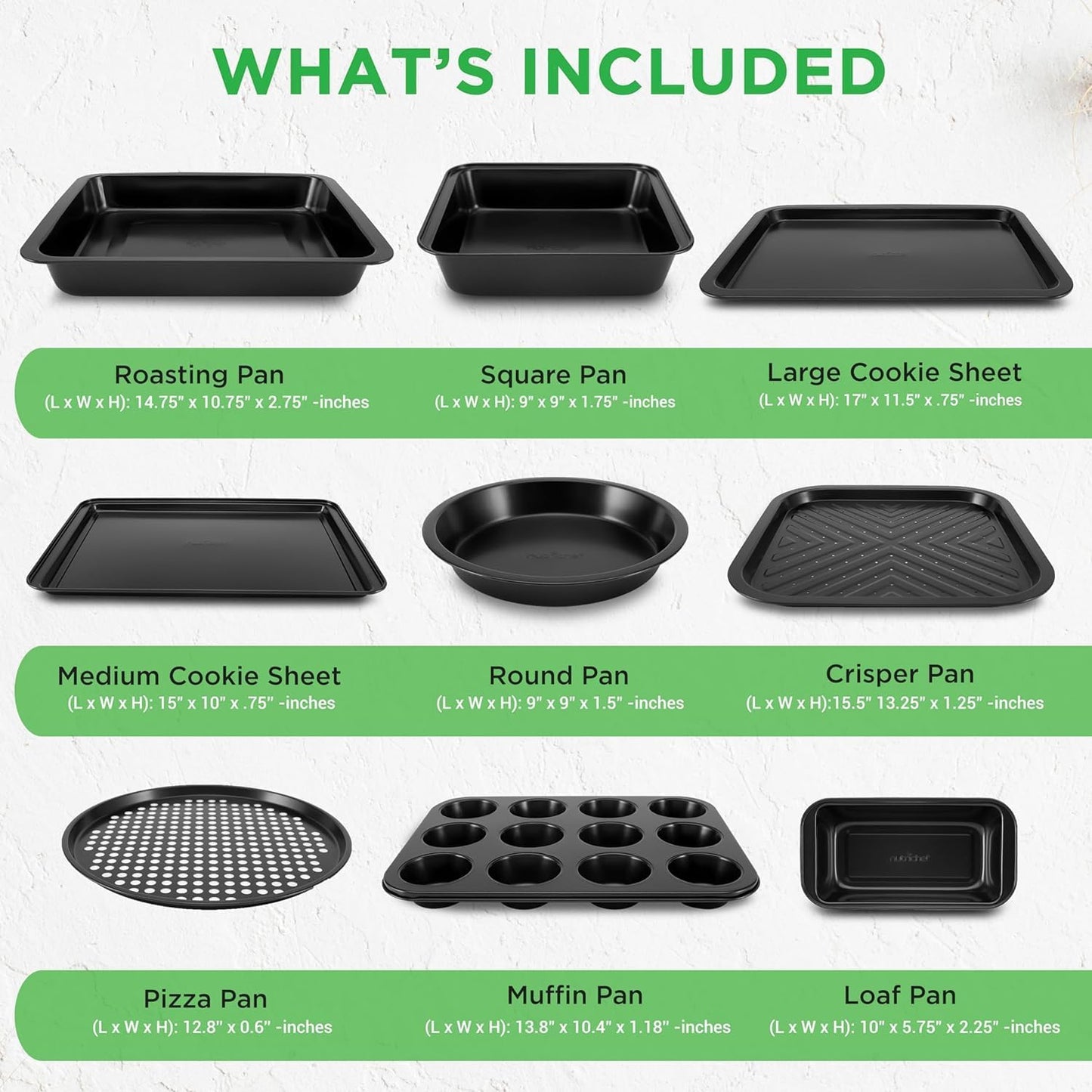 10-Piece Kitchen Oven Baking Pans - Deluxe Carbon Steel Bakeware Set with Stylish Non-stick Gray Coating Inside and Out, Dishwasher Safe & PFOA, PFOS, PTFE Free - NutriChef