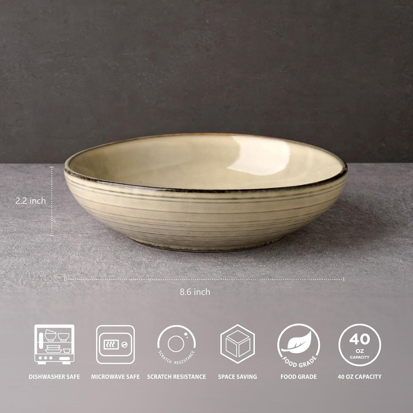 famiware Tempus Pasta Bowls Set of 4, 40 oz Bowls for Kitchen, Stoneware Deep Serving Bowls, Dishwasher & Microwave Safe Bowls for Cereal, Salad, Soup, Dessert etc - Castle Wall